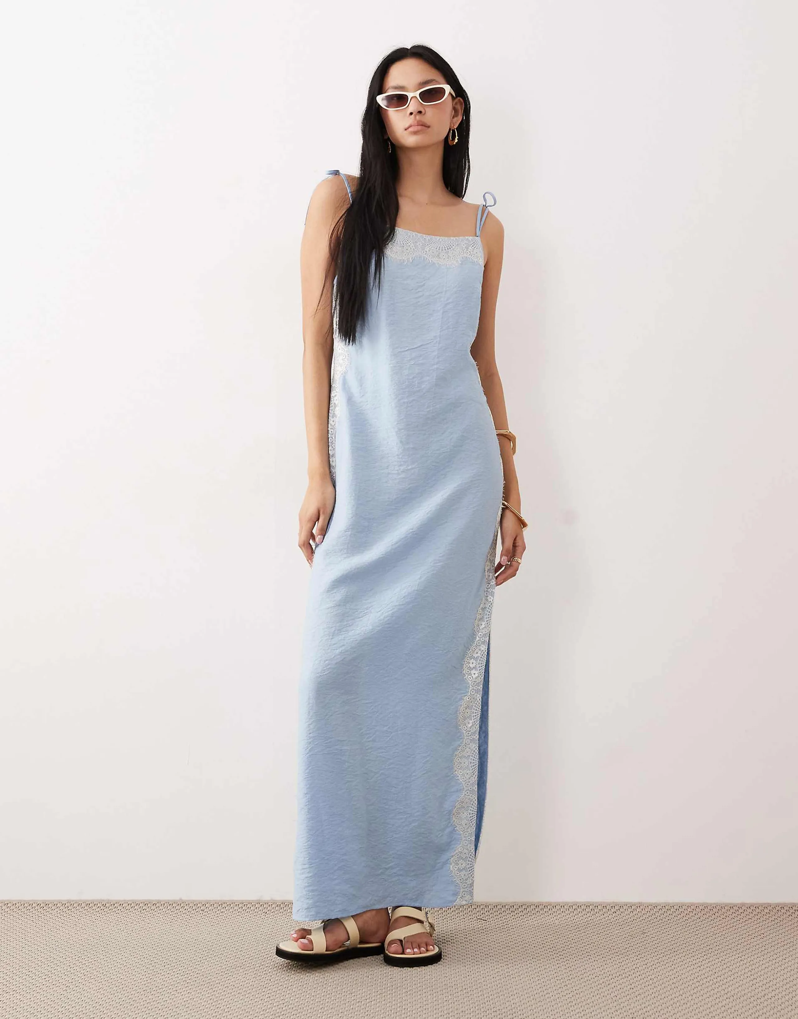 ASOS DESIGN Tall cami square neck crinkle satin lace detail maxi dress in sky blue