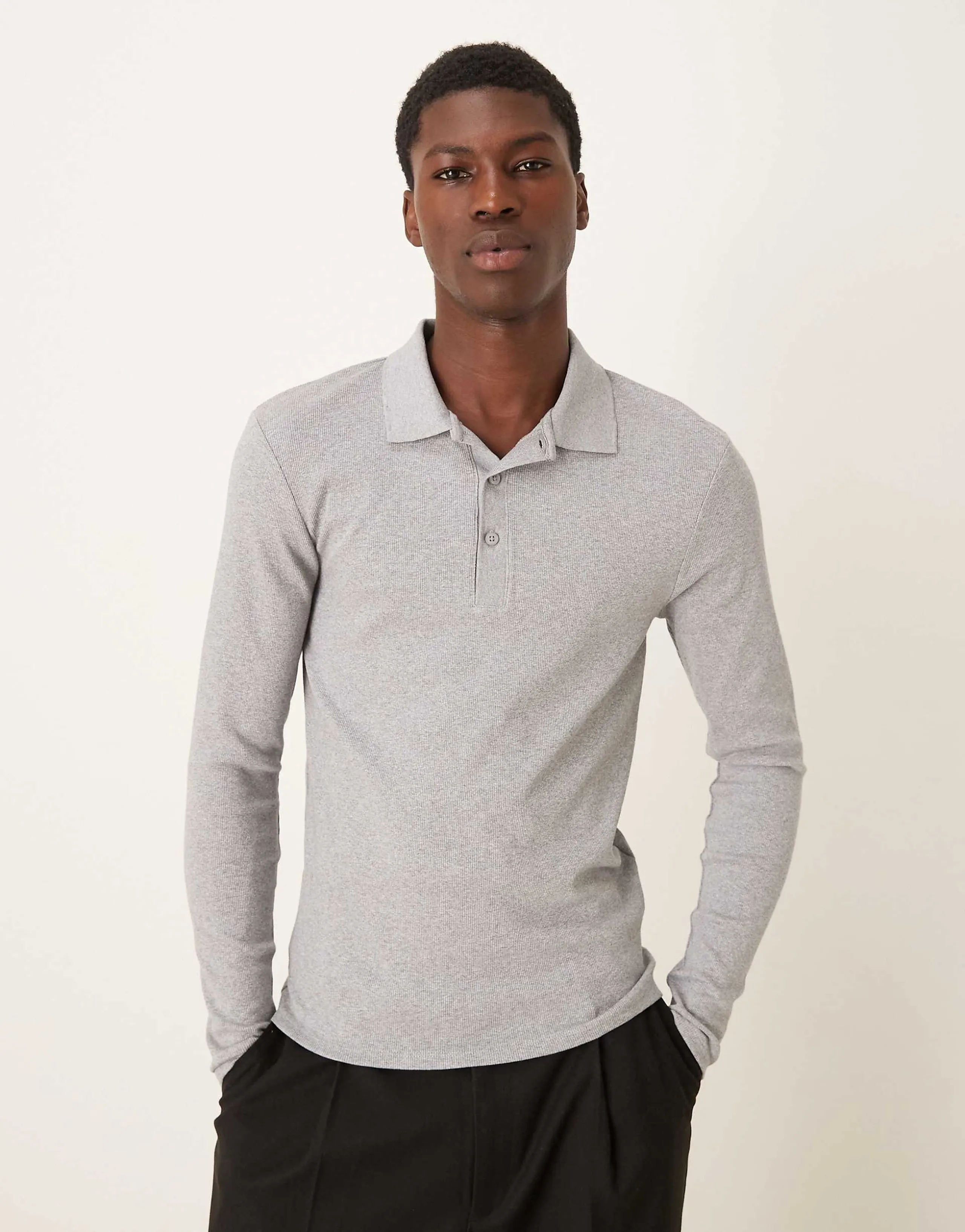 ASOS DESIGN muscle fit long sleeve heavyweight polo shirt in heather gray rib knit