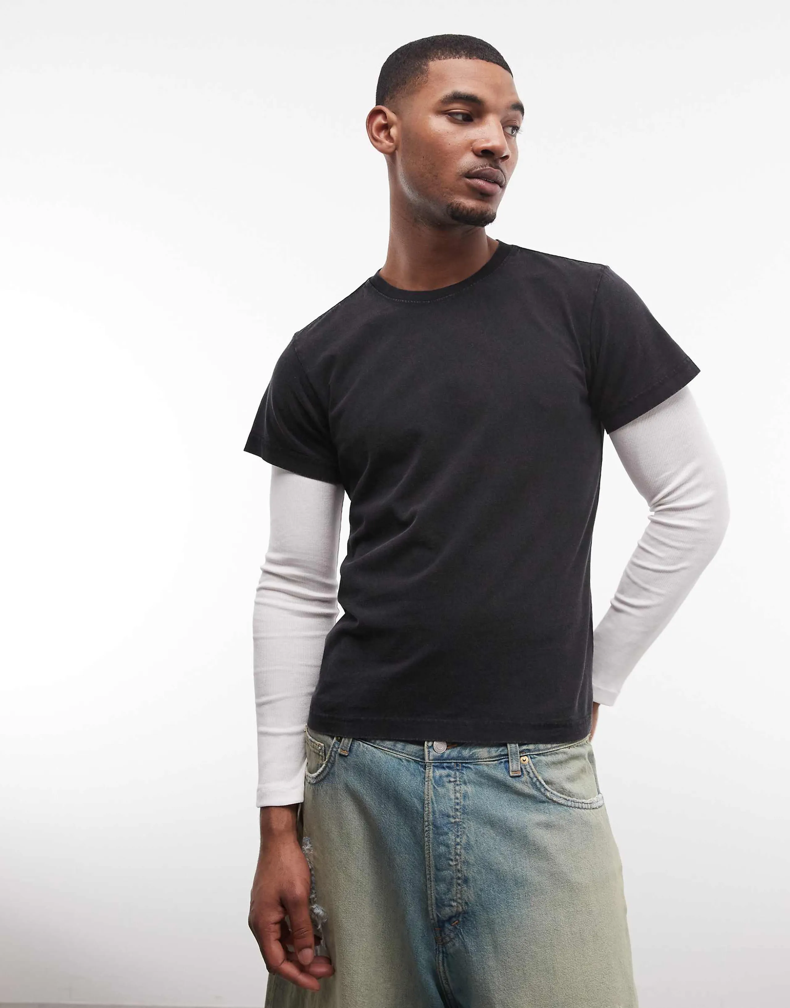 Weekday layered long sleeve shrunken fit t-shirt in black & white