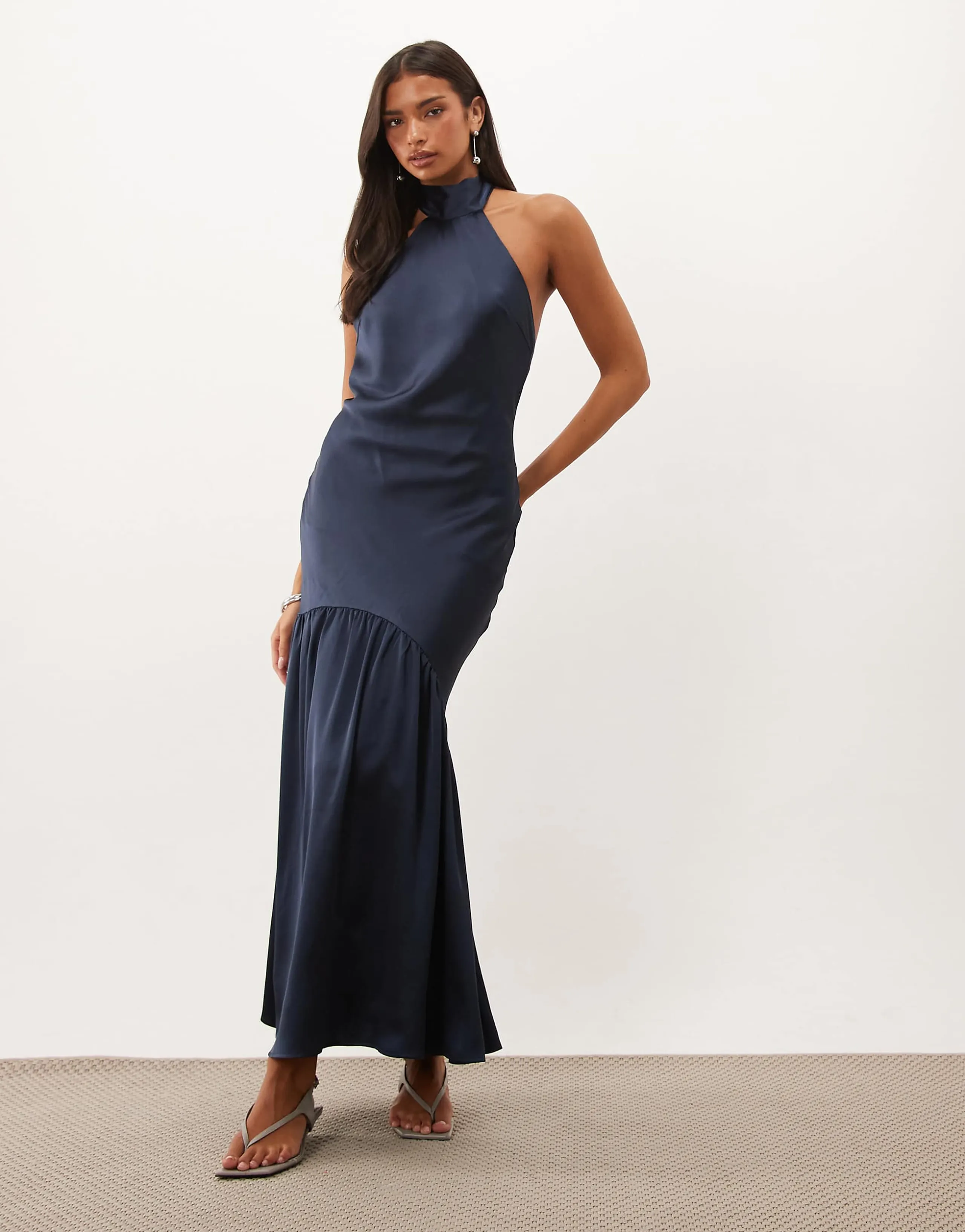 Pretty Lavish high neck bias cut backless satin midaxi dress in navy