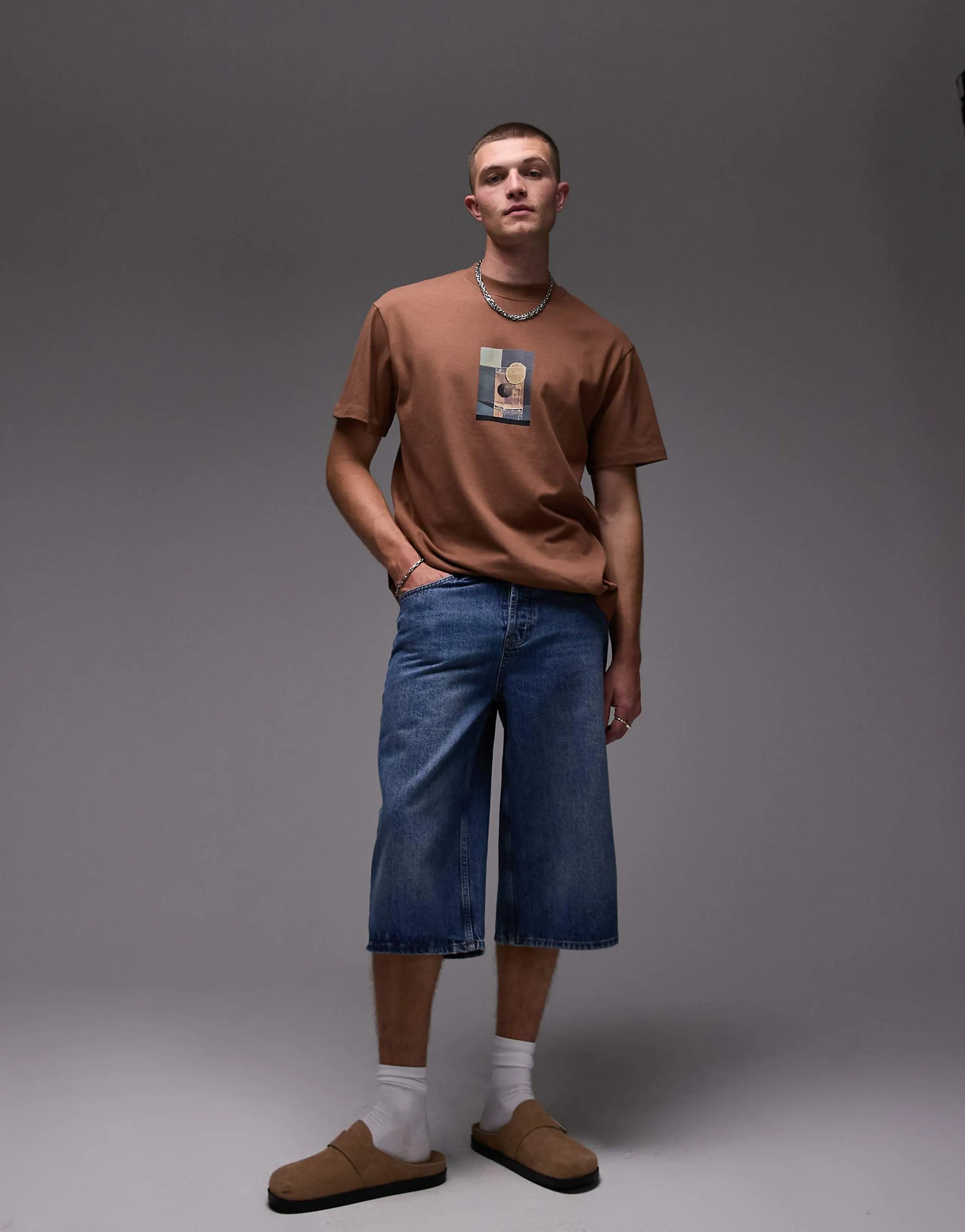 Topman denim mid length jorts in mid wash blue