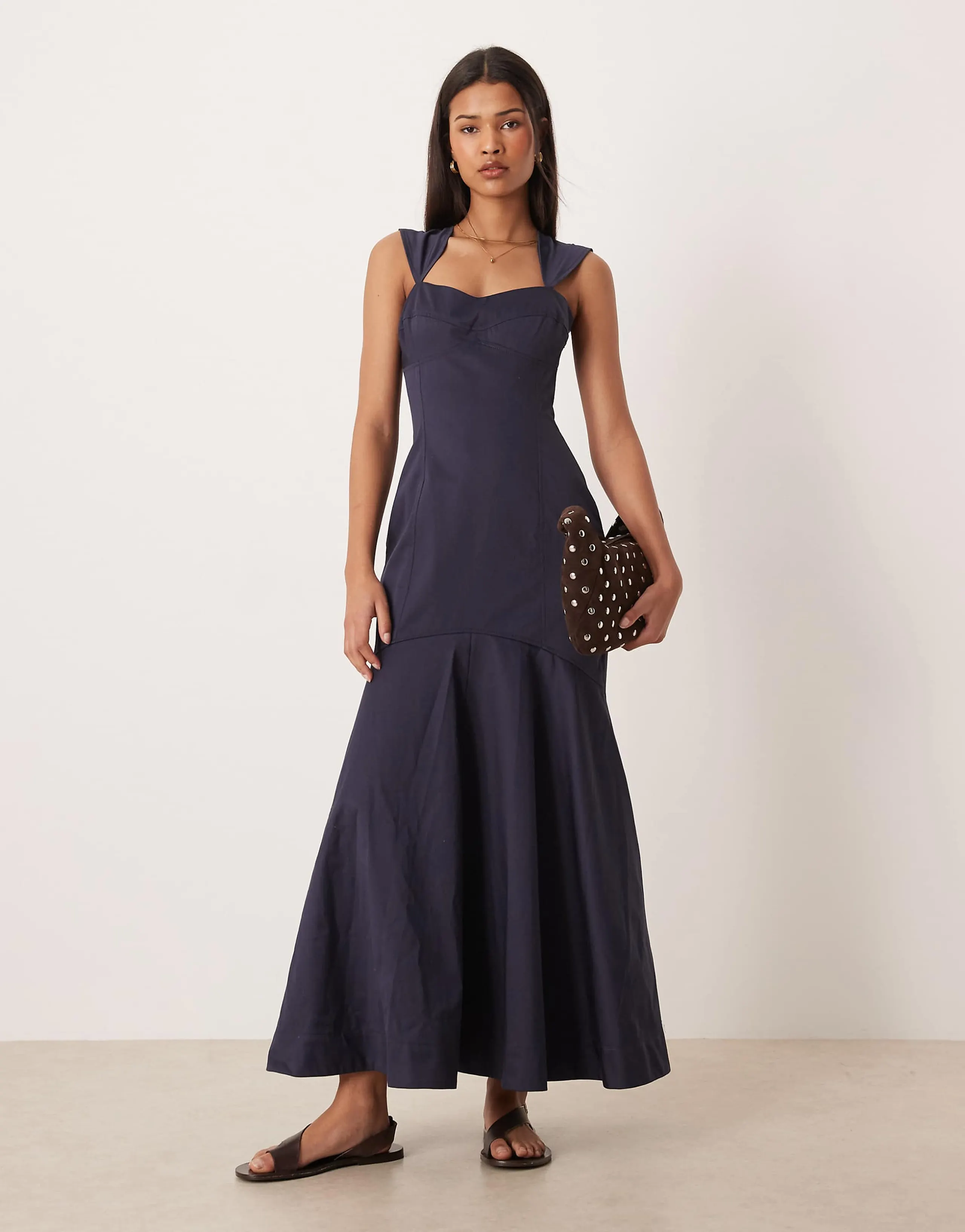ASOS DESIGN structured cotton dropped waist midaxi dress with tie back in navy