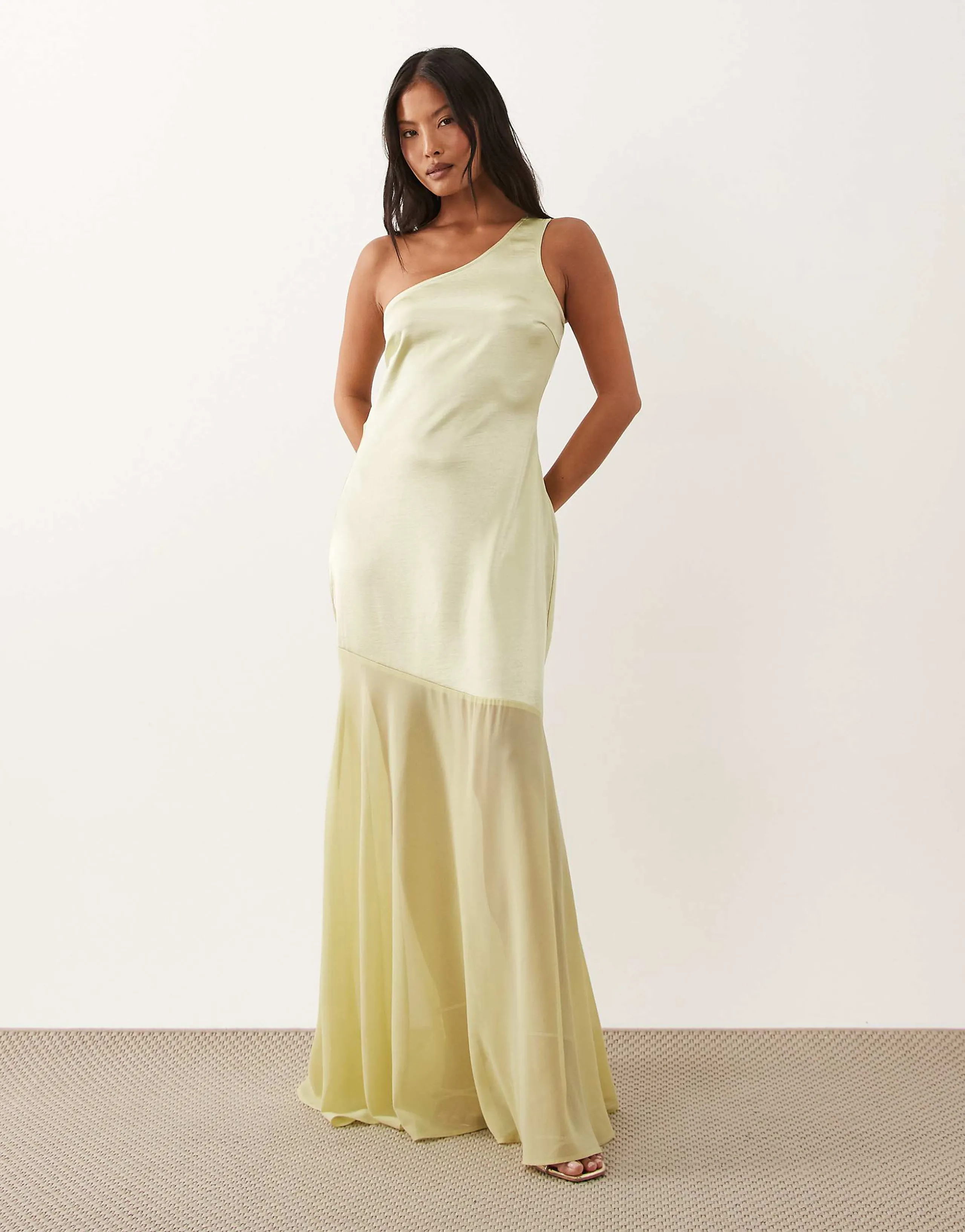 TFNC Petite satin one shoulder cowl back chiffon maxi skirt in lime