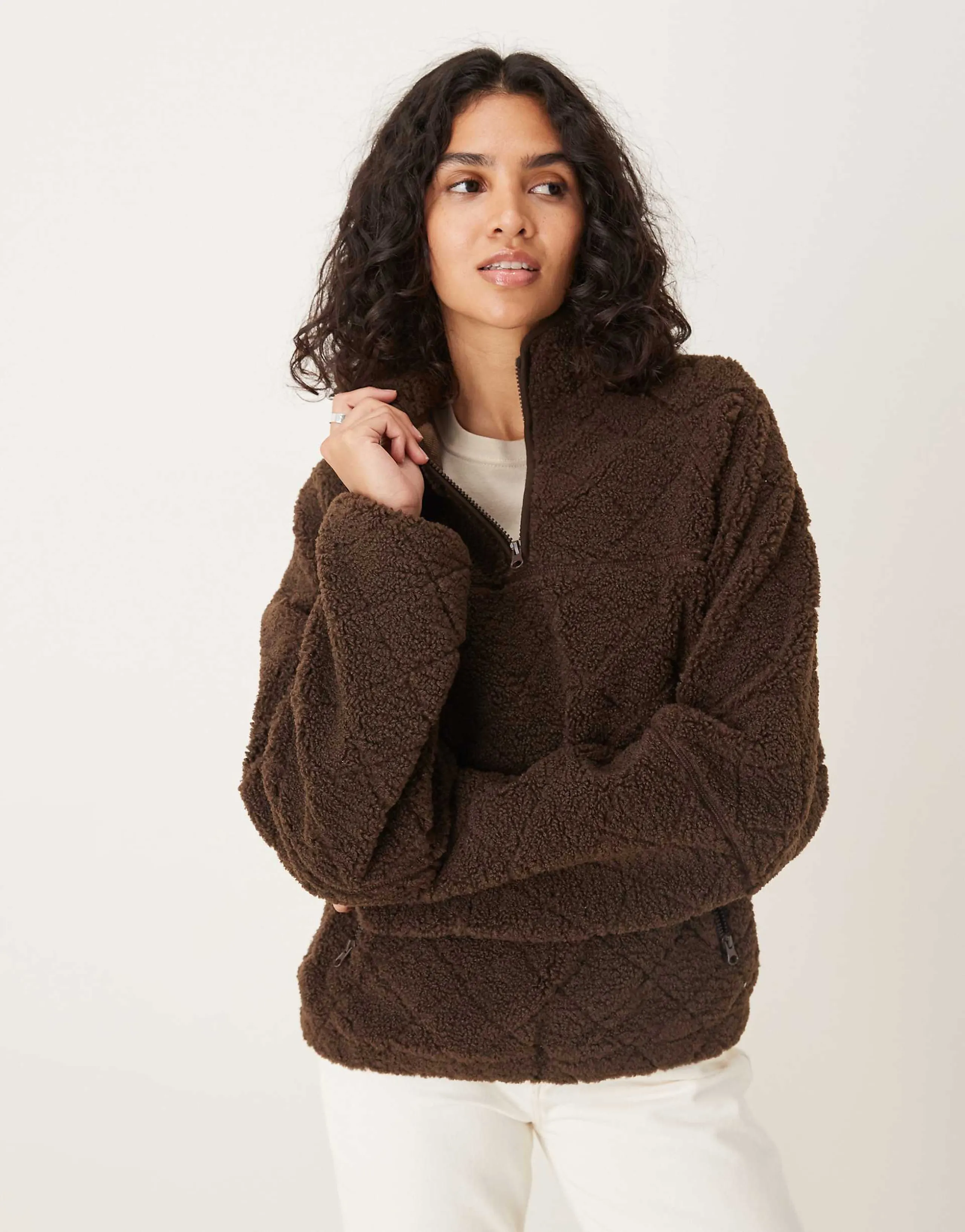ASOS DESIGN quilted teddy half zip up fleece in chocolate brown