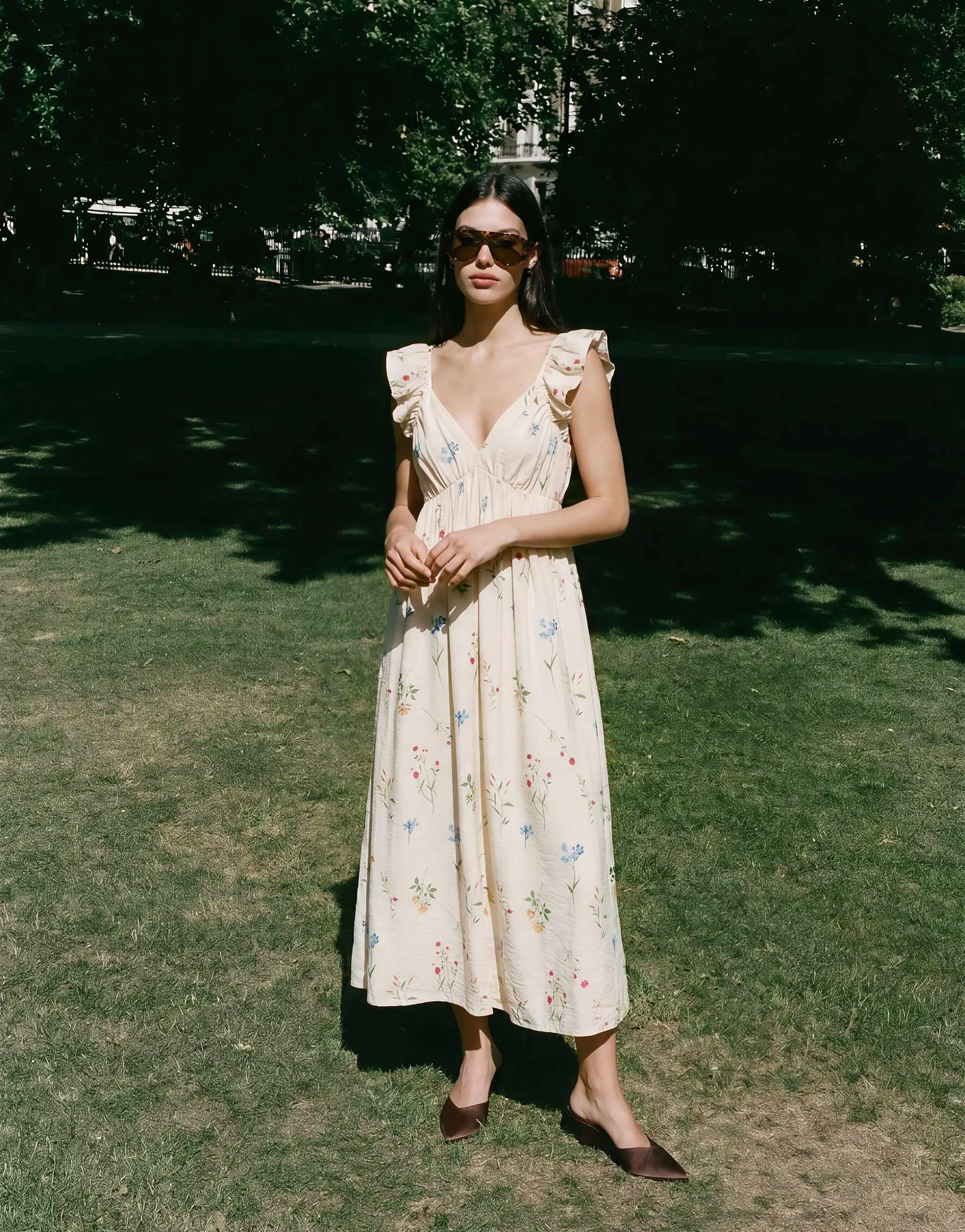 Vero Moda ruffle shoulder V-neck maxi dress in cream floral print