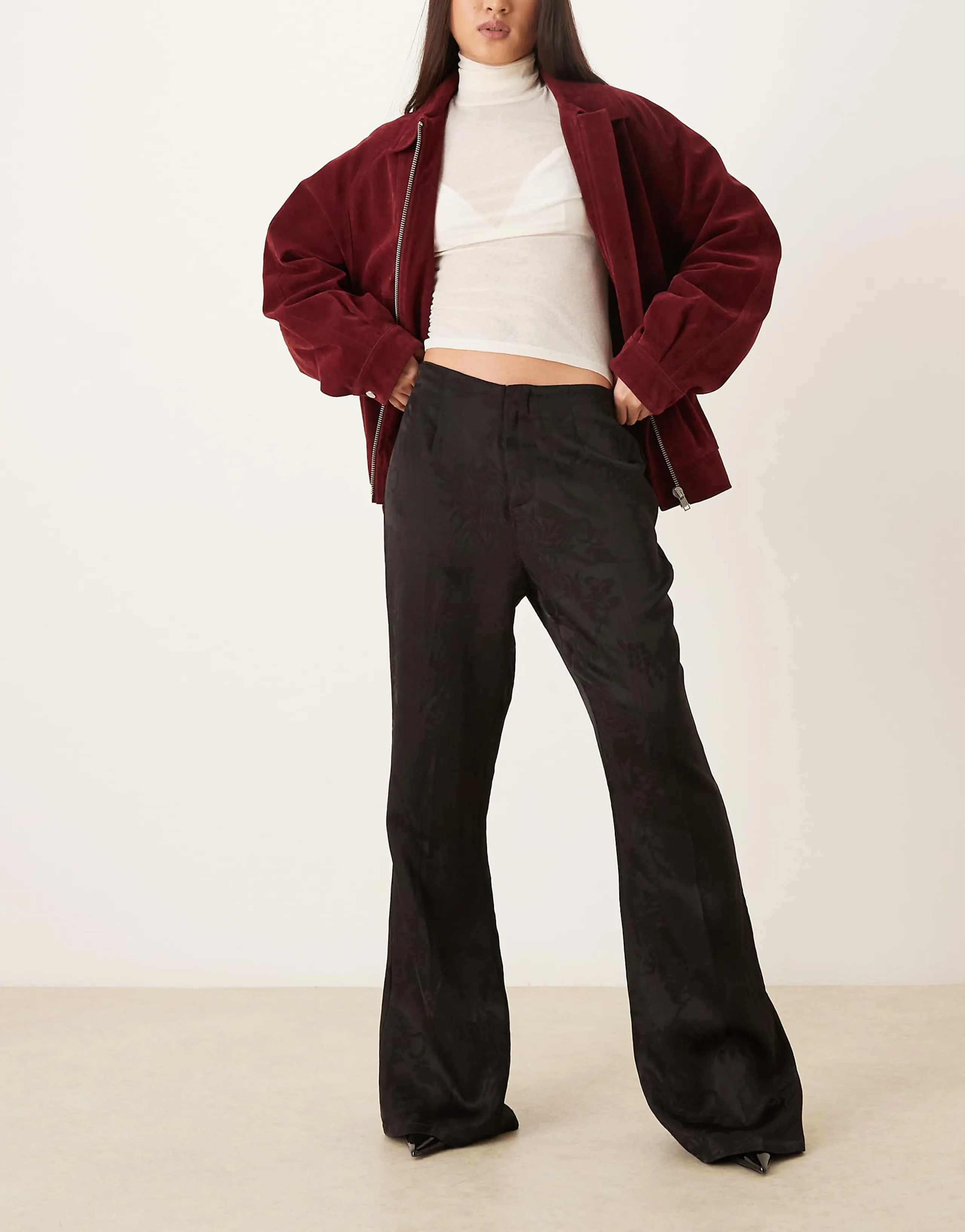 VRG GRL embroidered jacquard flared pants in black