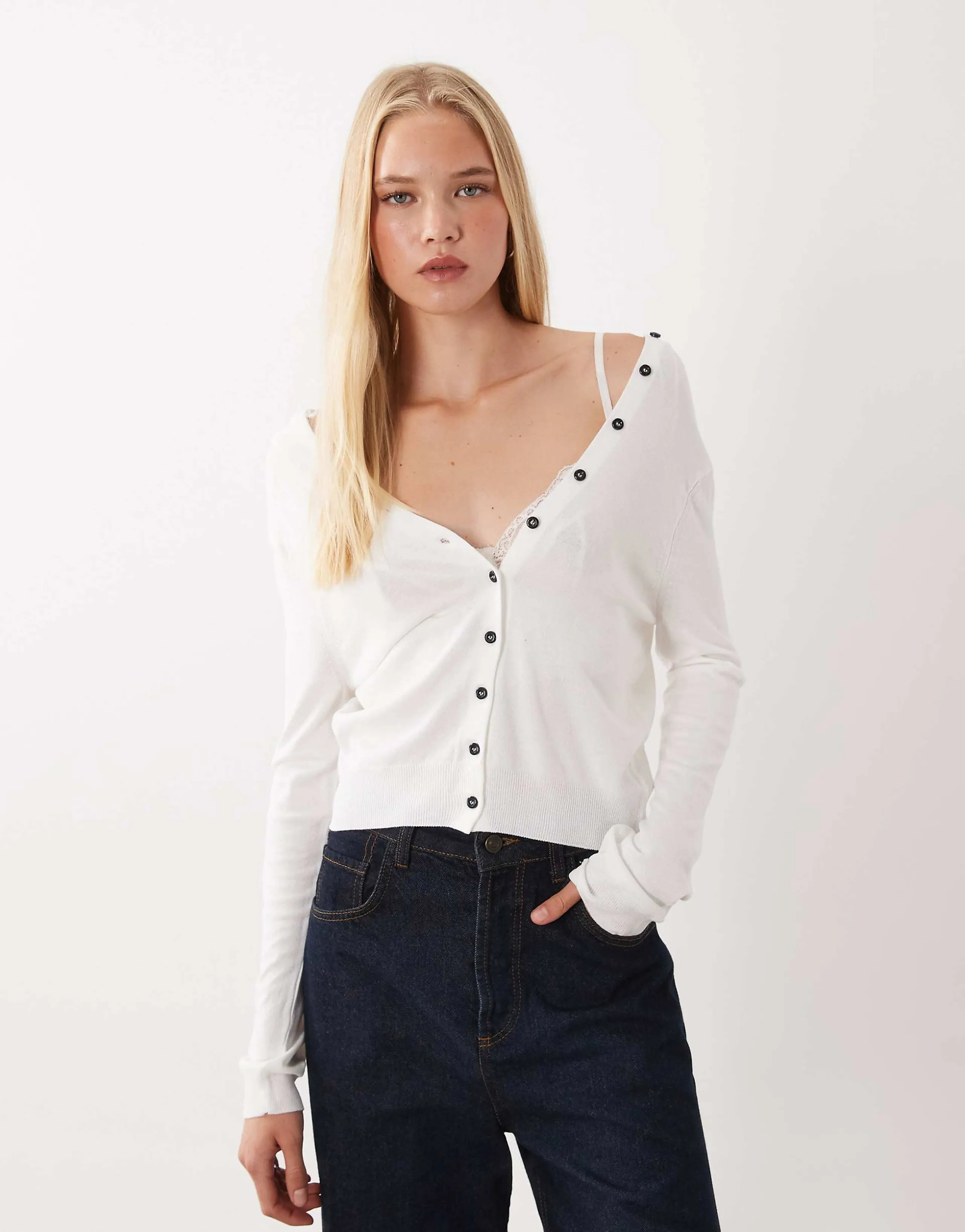Mango button detailing v-neck cardigan in white