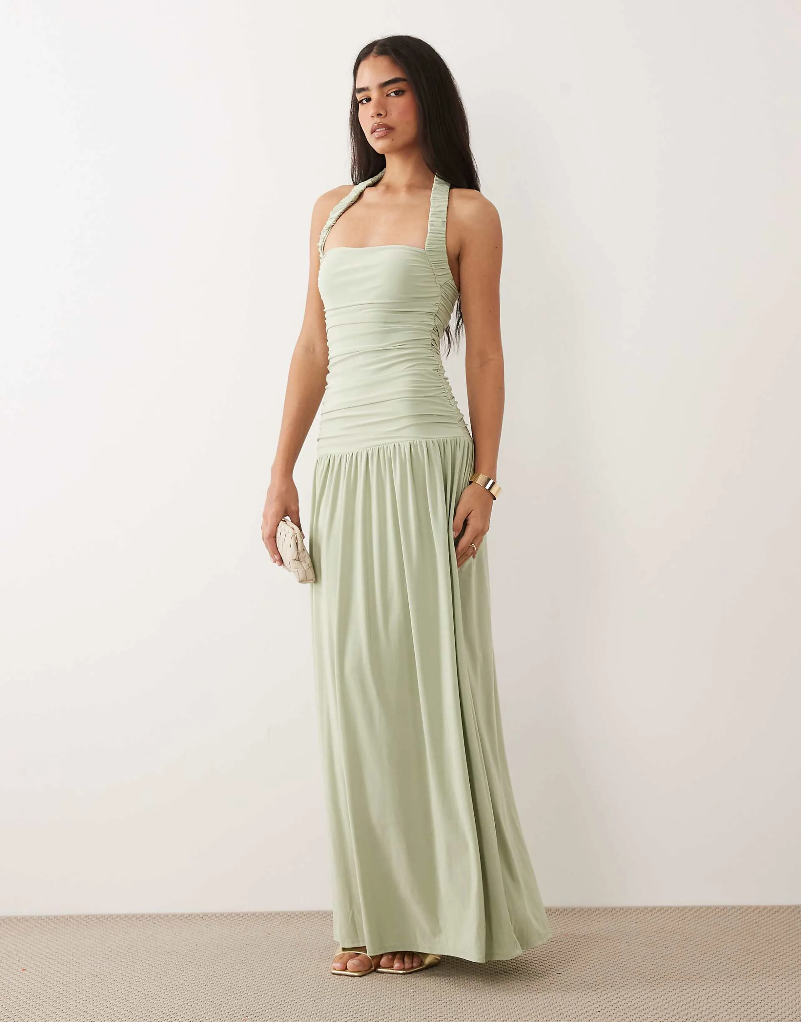 ASOS DESIGN soft touch maxi with ruched halter neck in sage green