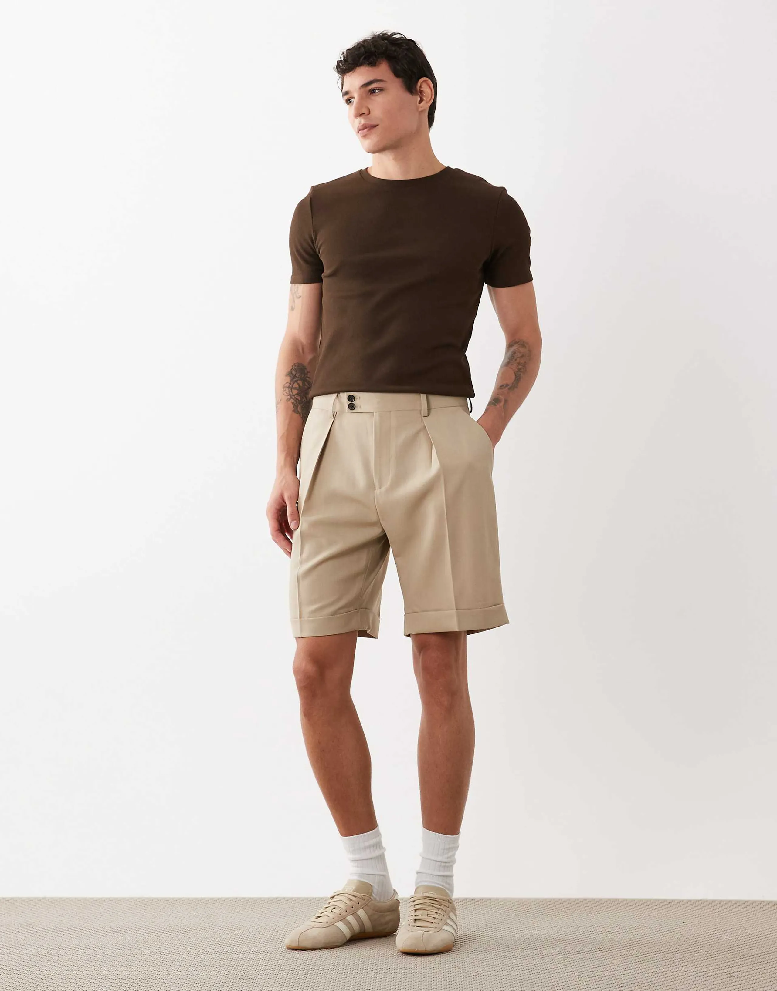 ASOS DESIGN premium 100% wool regular fit shorts in stone