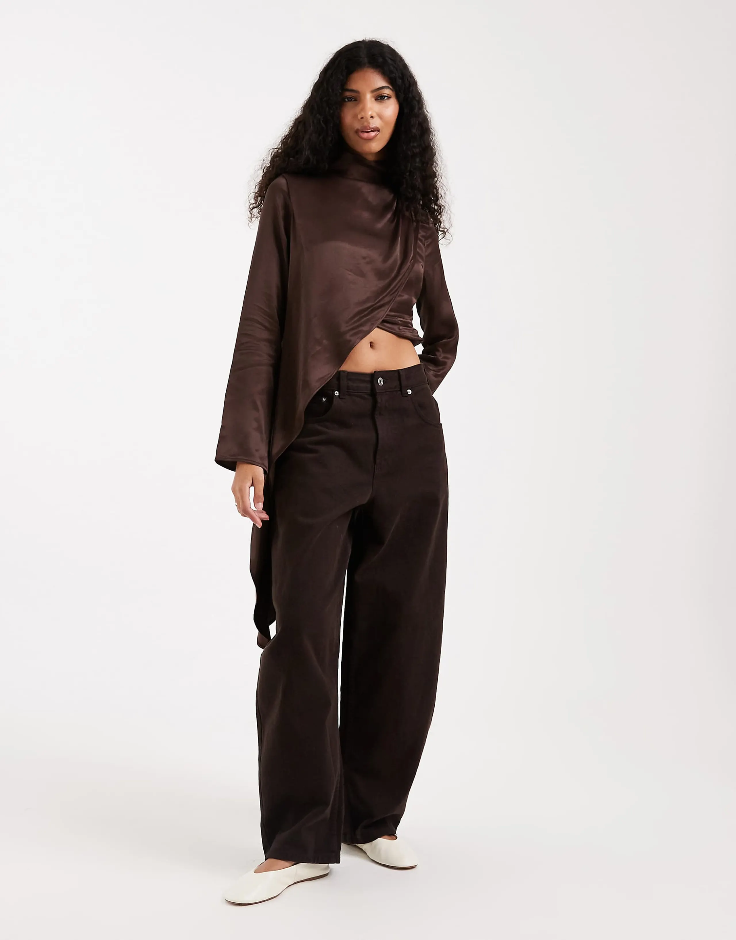 ASOS DESIGN satin asymmetric cape top in chocolate