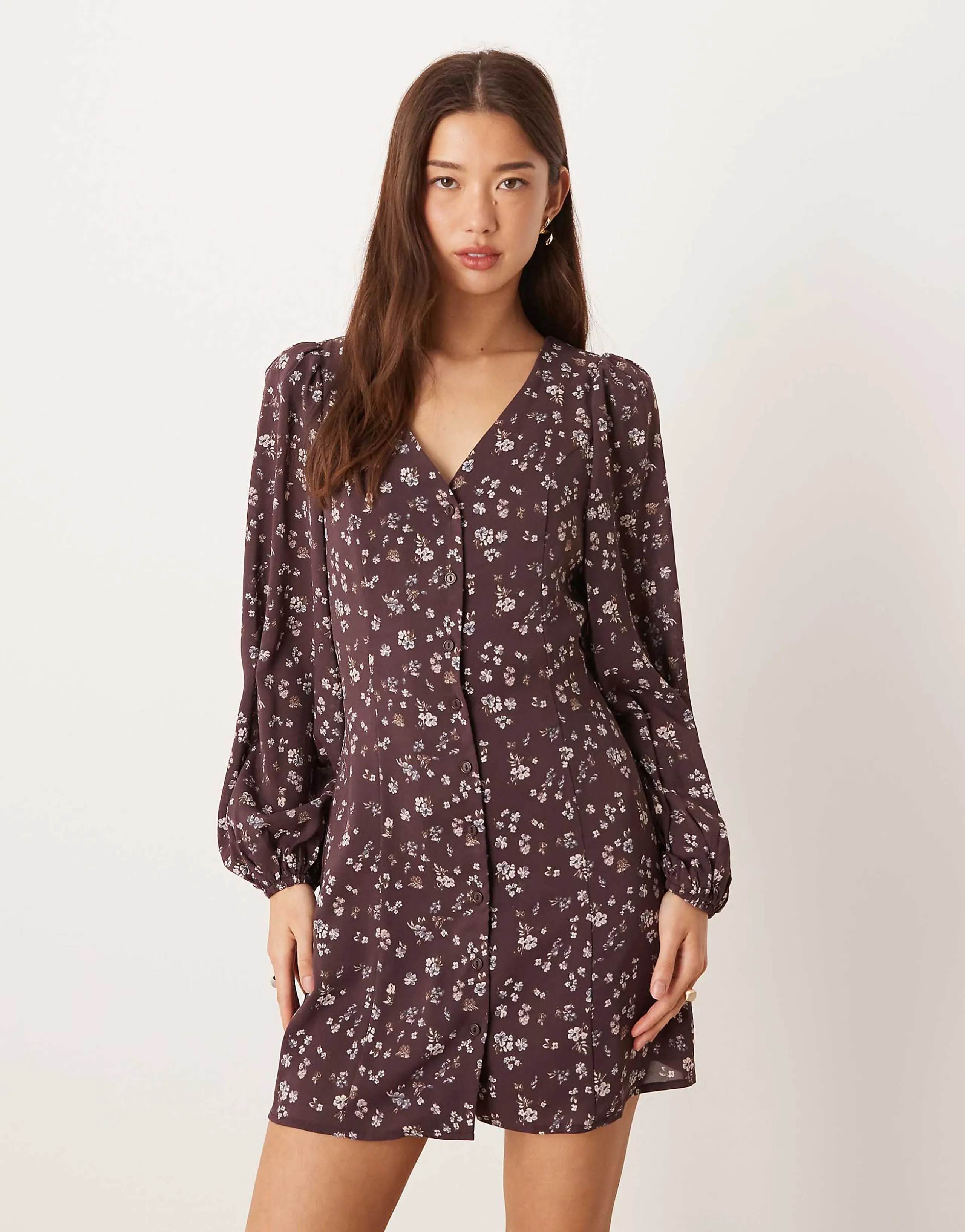Glamorous long sleeve mini tea dress with tie front in brown ditsy floral