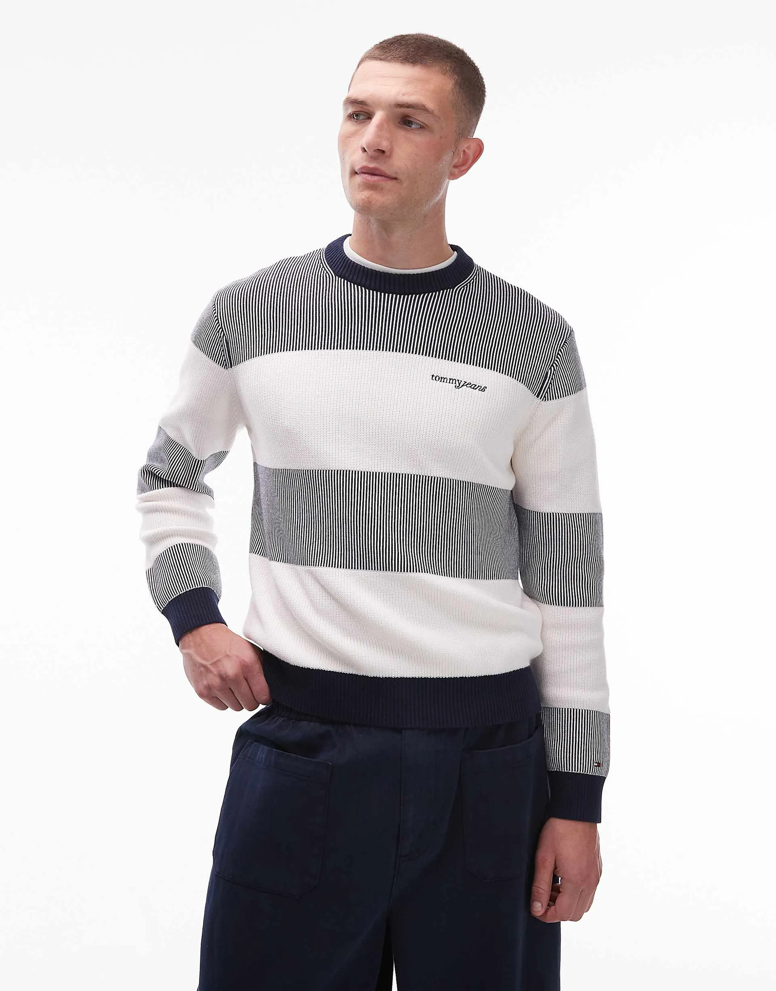 Tommy Jeans waffle texture sweater in gray and white stripe