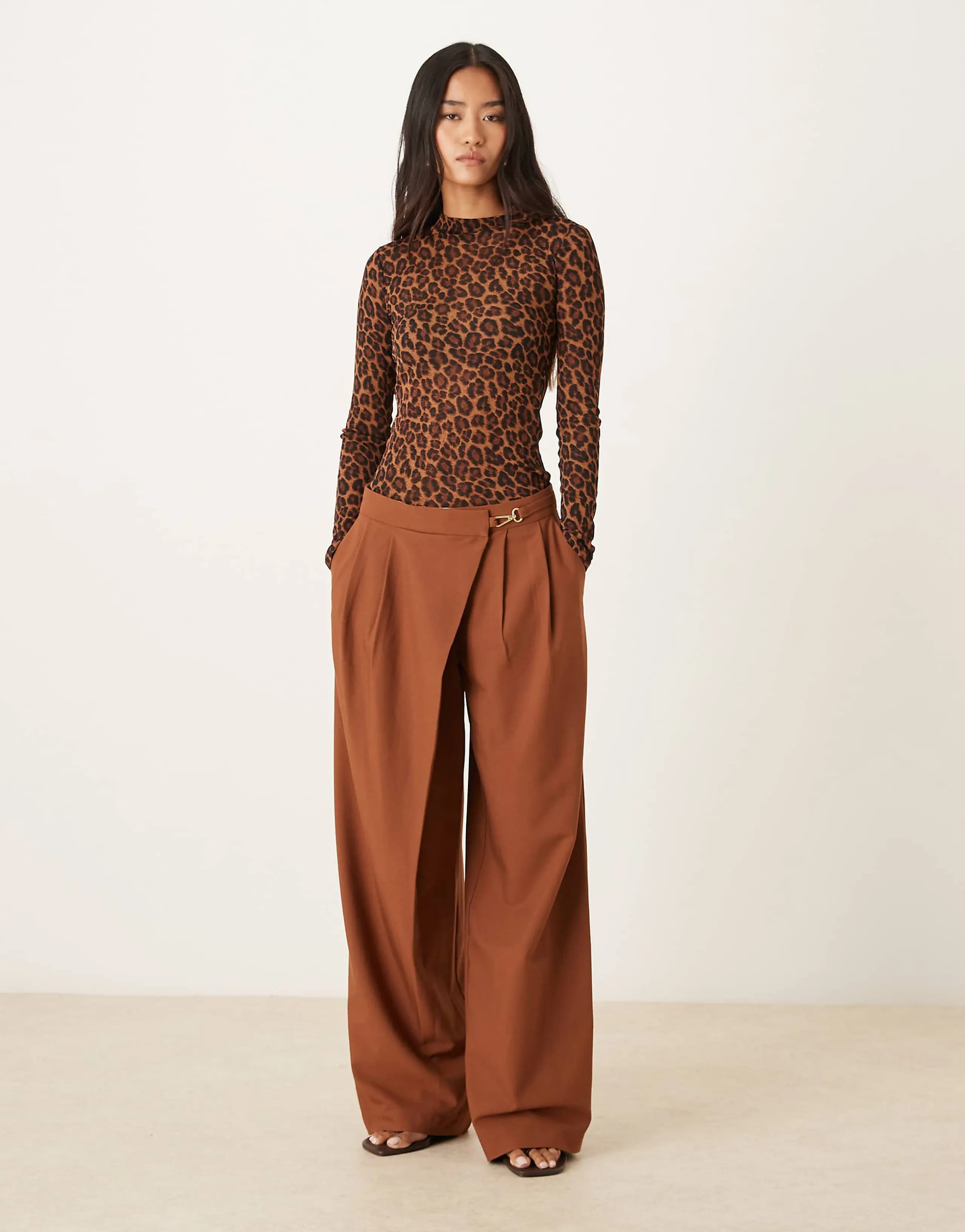 ASOS DESIGN tailored asymmetric wrap wide leg pants with buckle detail in tobacco 