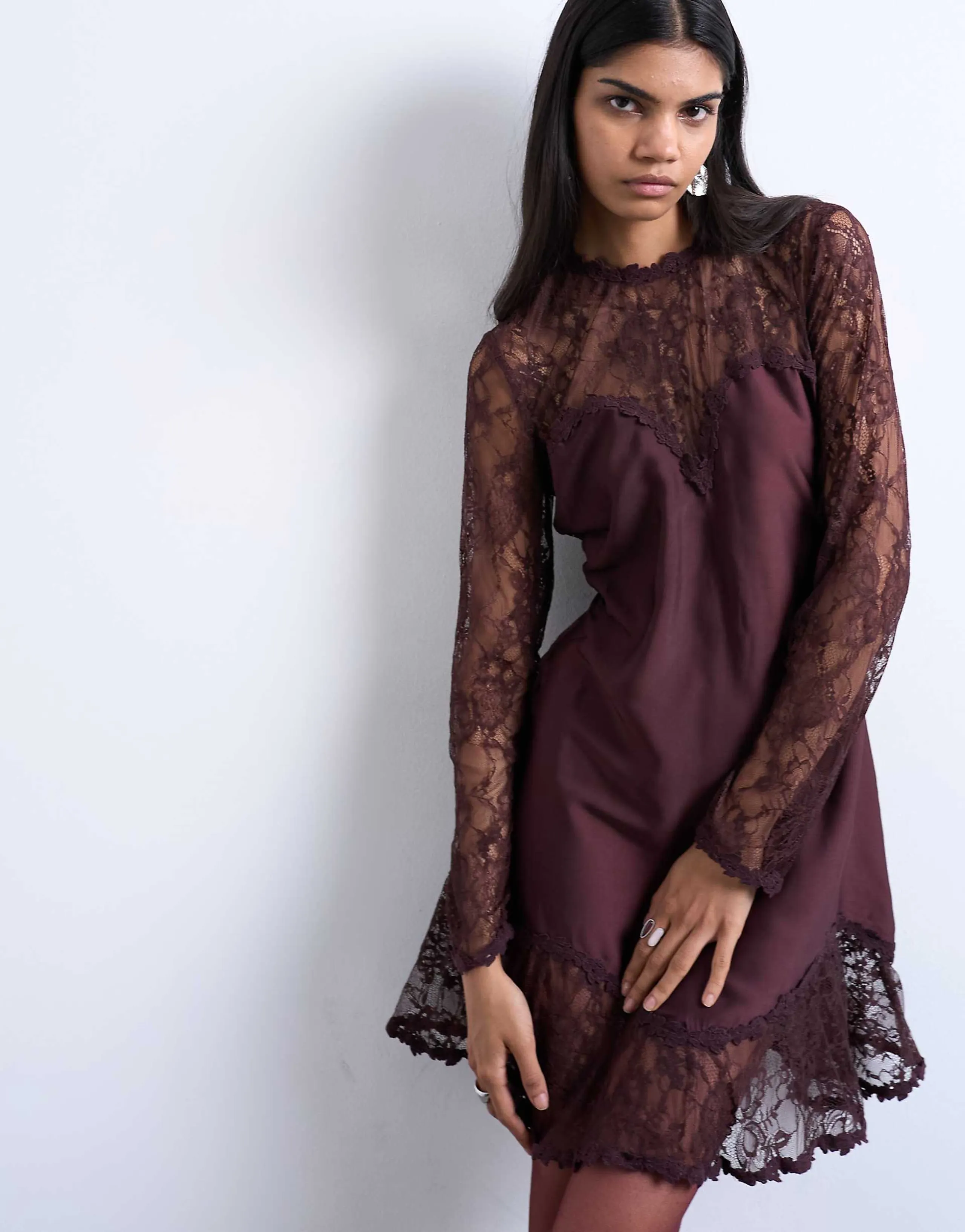 Topshop lace sleeves flippy hem mini dress in port royale