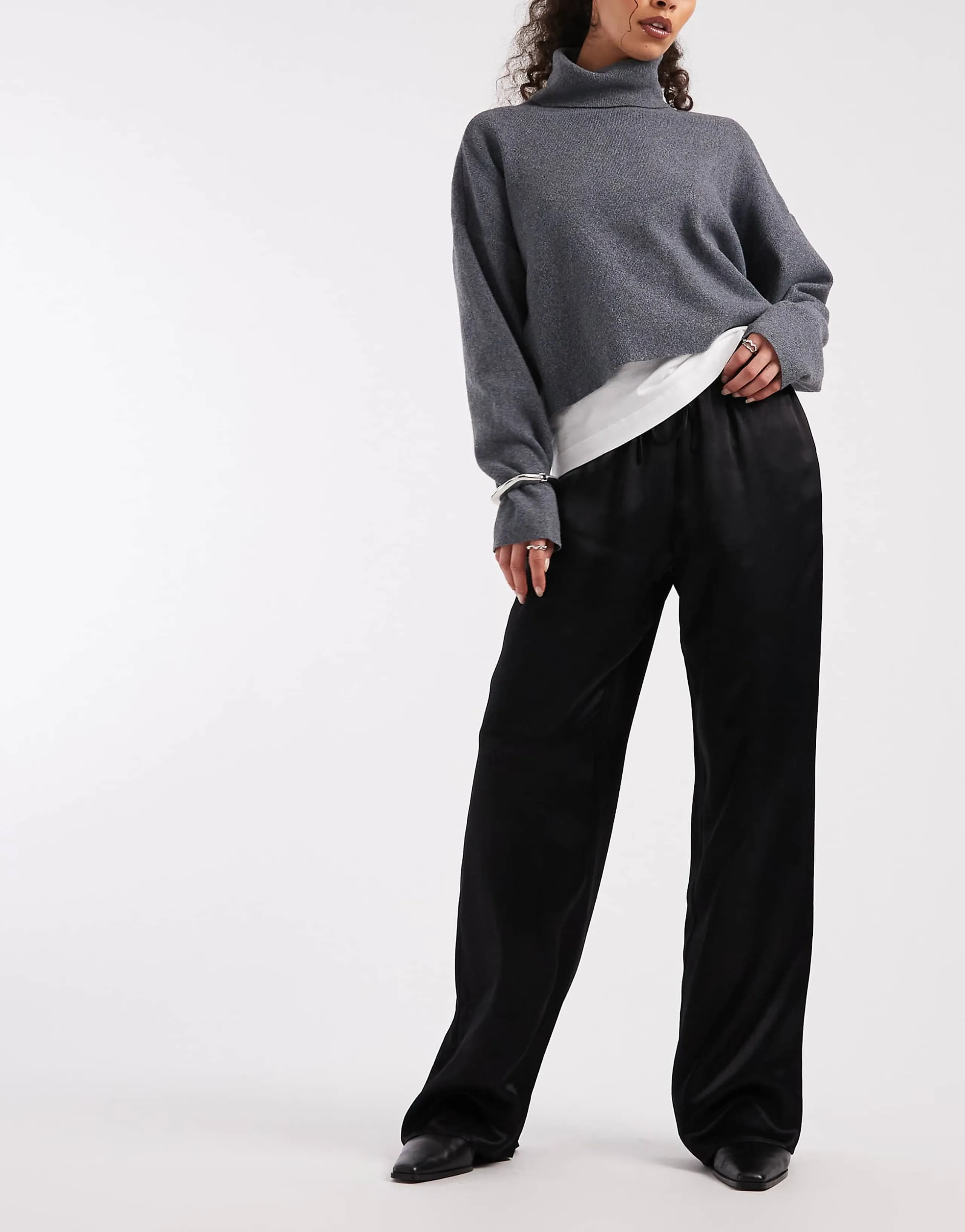 ASOS DESIGN satin wide leg pull on pants in black