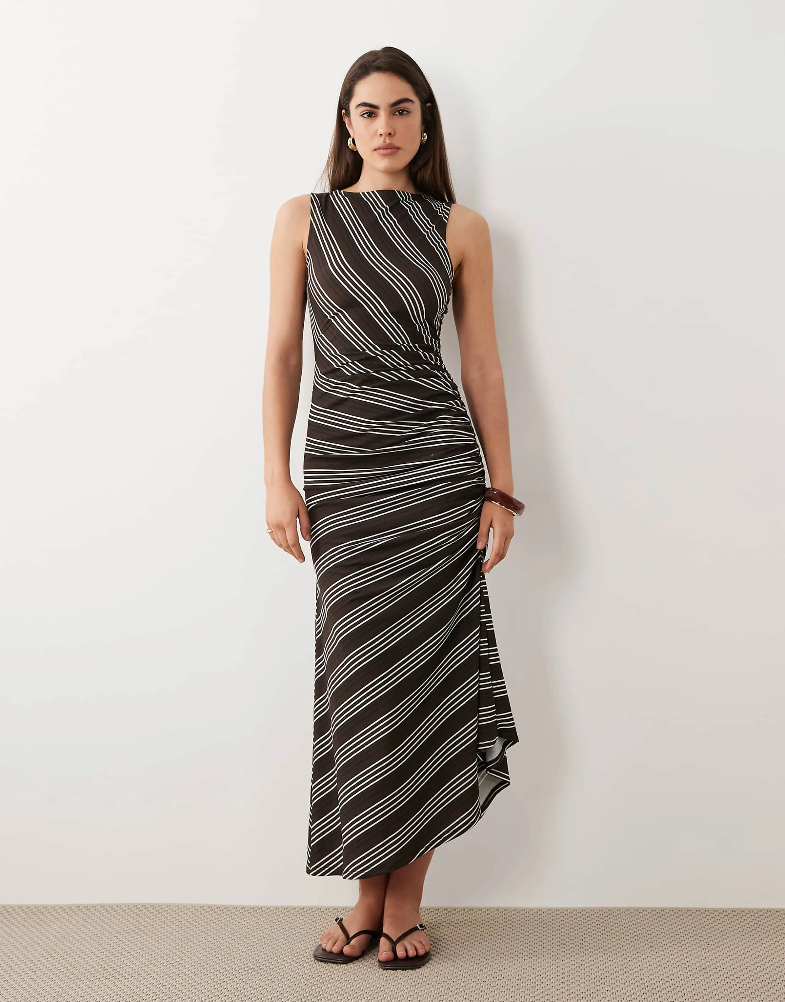 ASOS DESIGN sleeveless midi dress with ruched tie detail in stripes