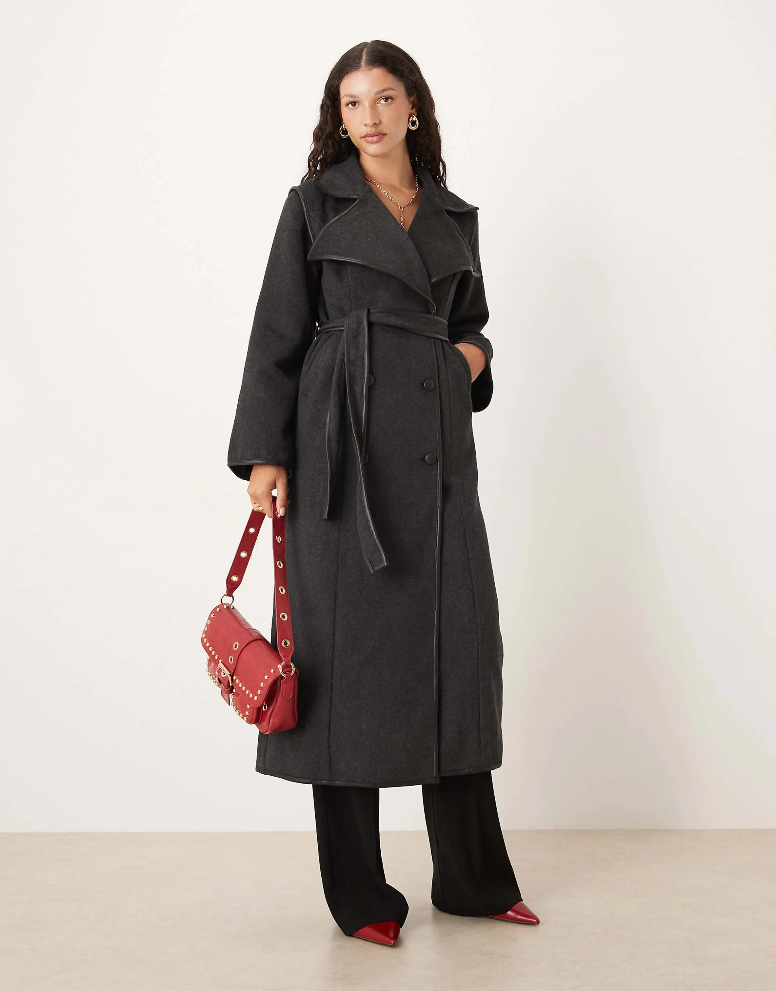 SNDYS wool look faux leather trim collared belted double breasted maxi coat in charcoal