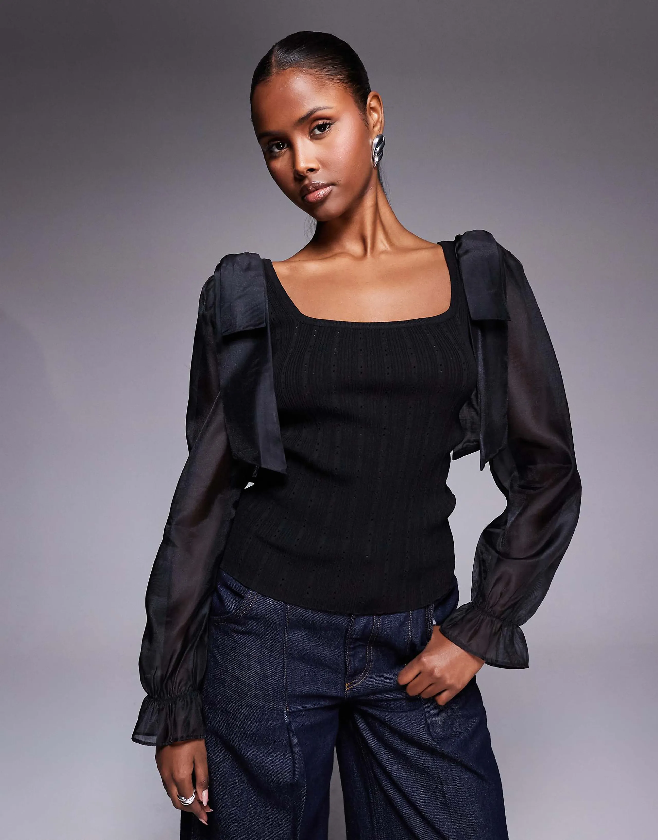 River Island mesh sleeve knit top in black