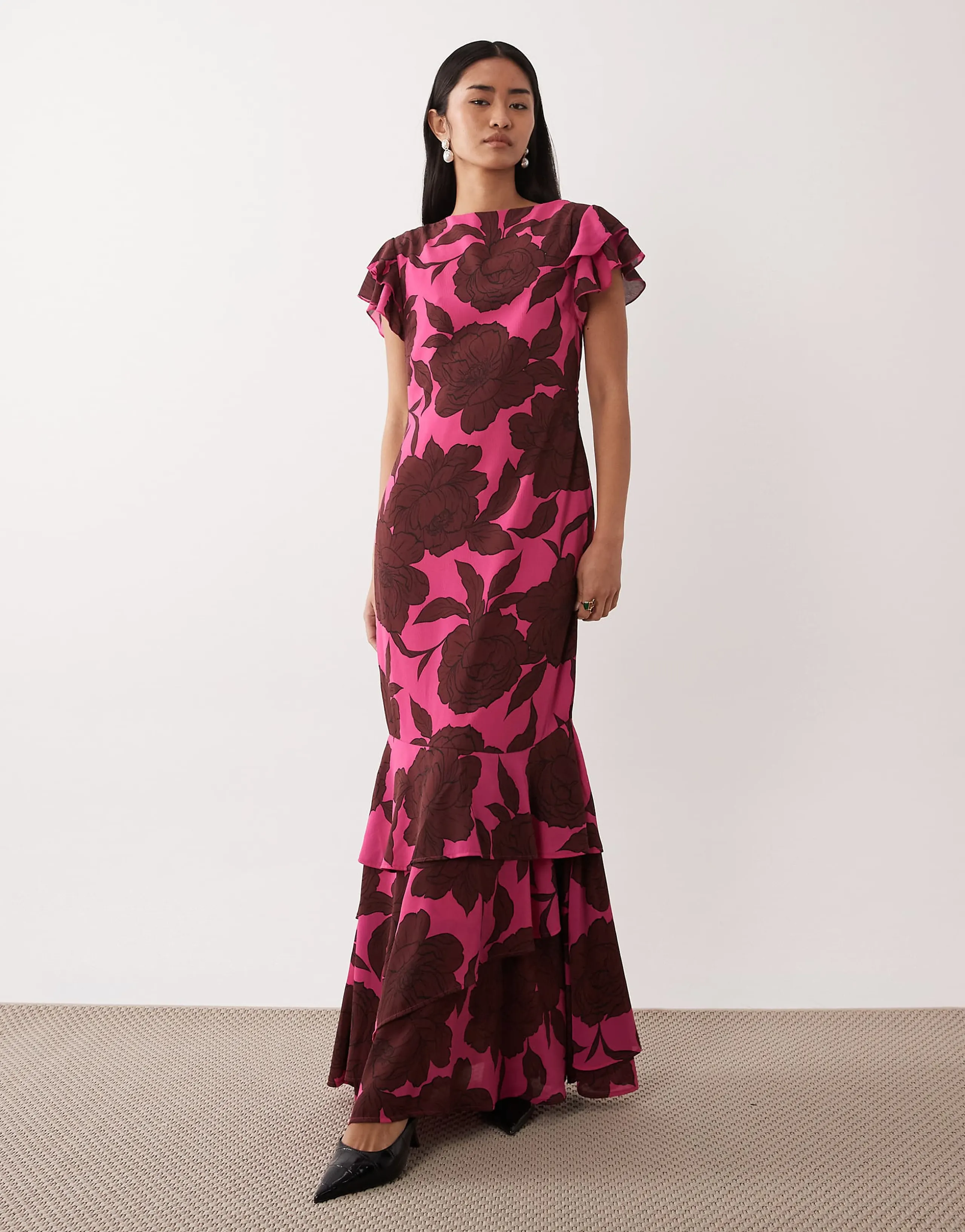 Pretty Lavish chiffon frill sleeve maxi dress in brown and fuchsia floral print