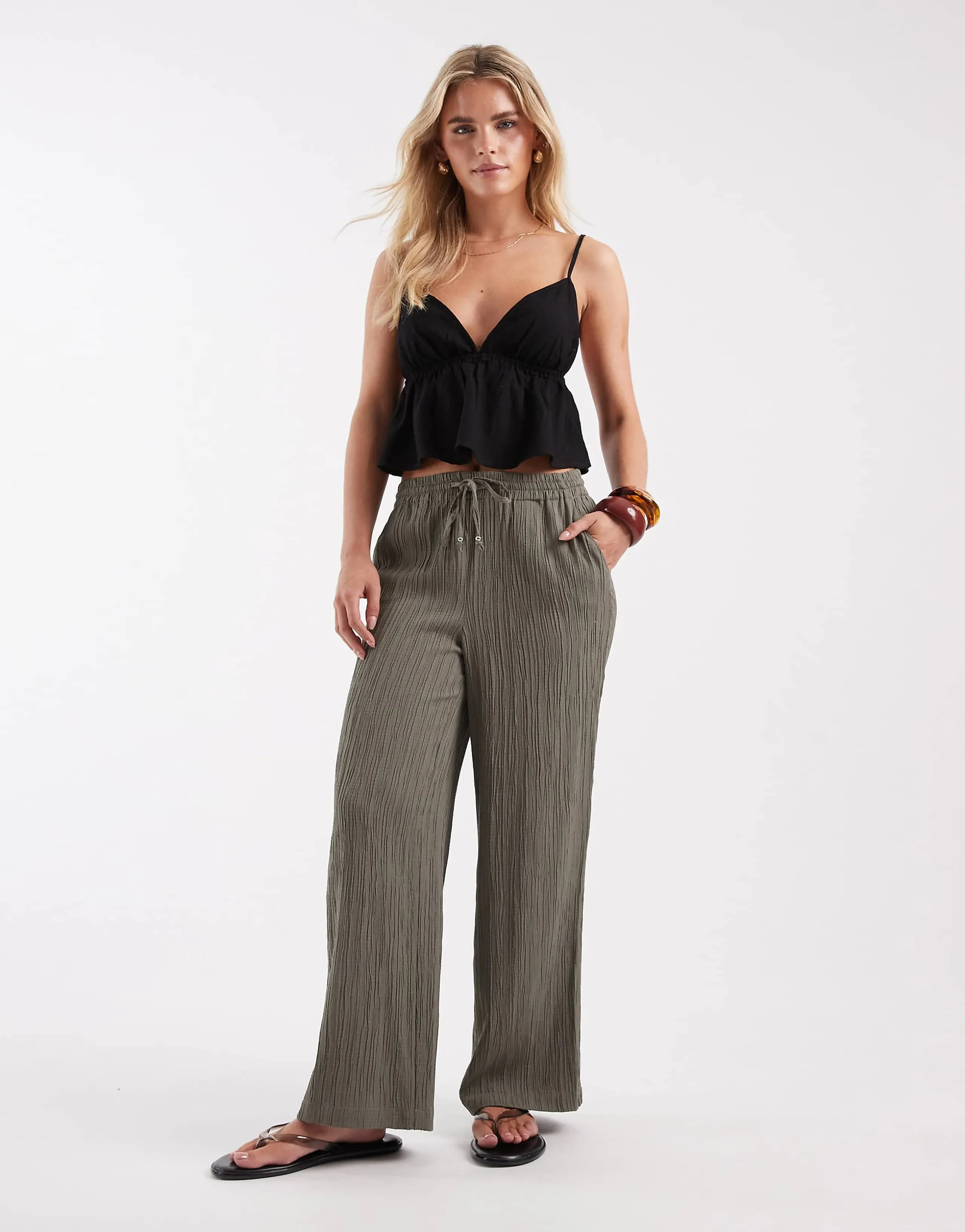 ONLY Petite wide leg textured pants in olive green