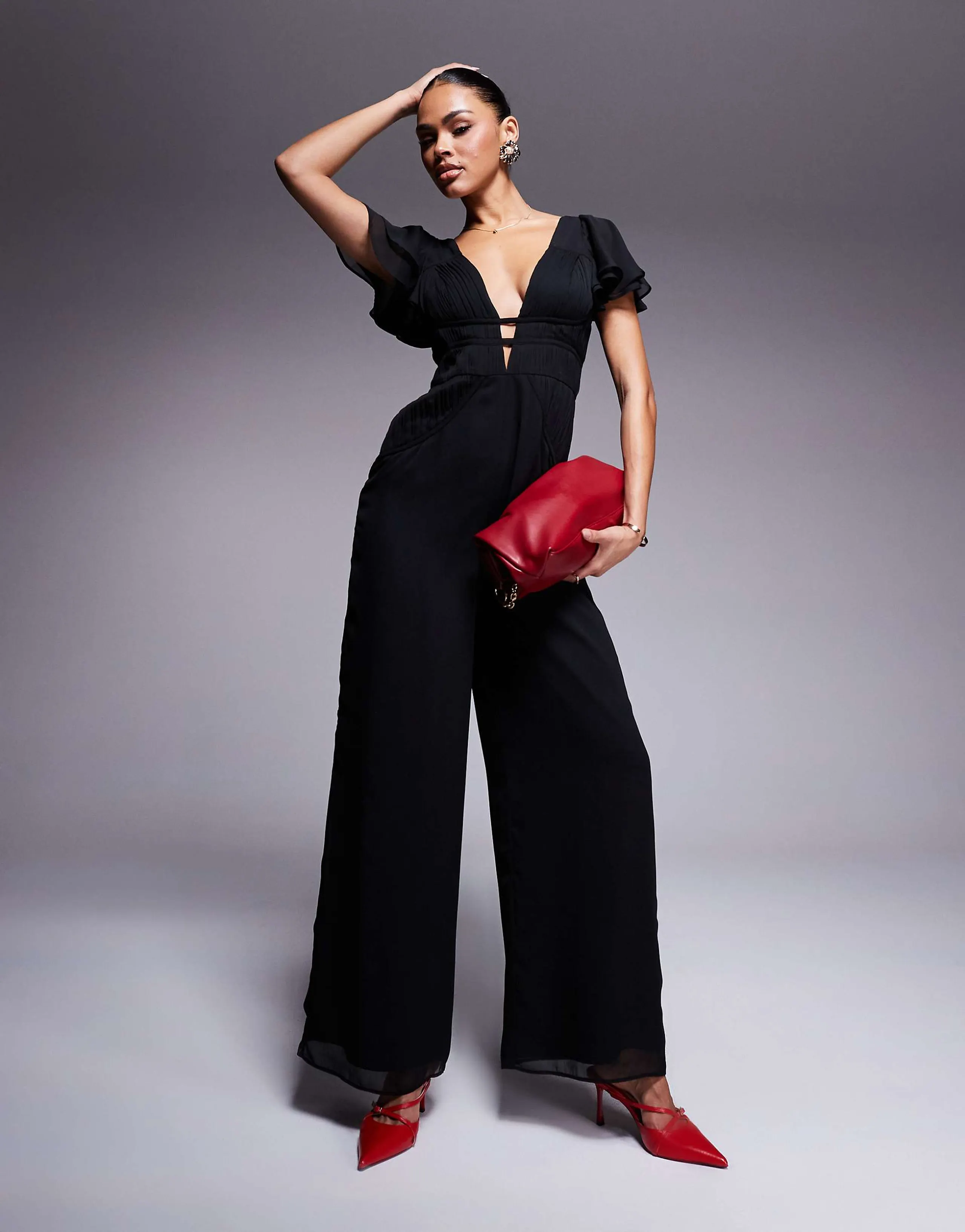 ASOS DESIGN flutter sleeve ruched wide leg jumpsuit in black