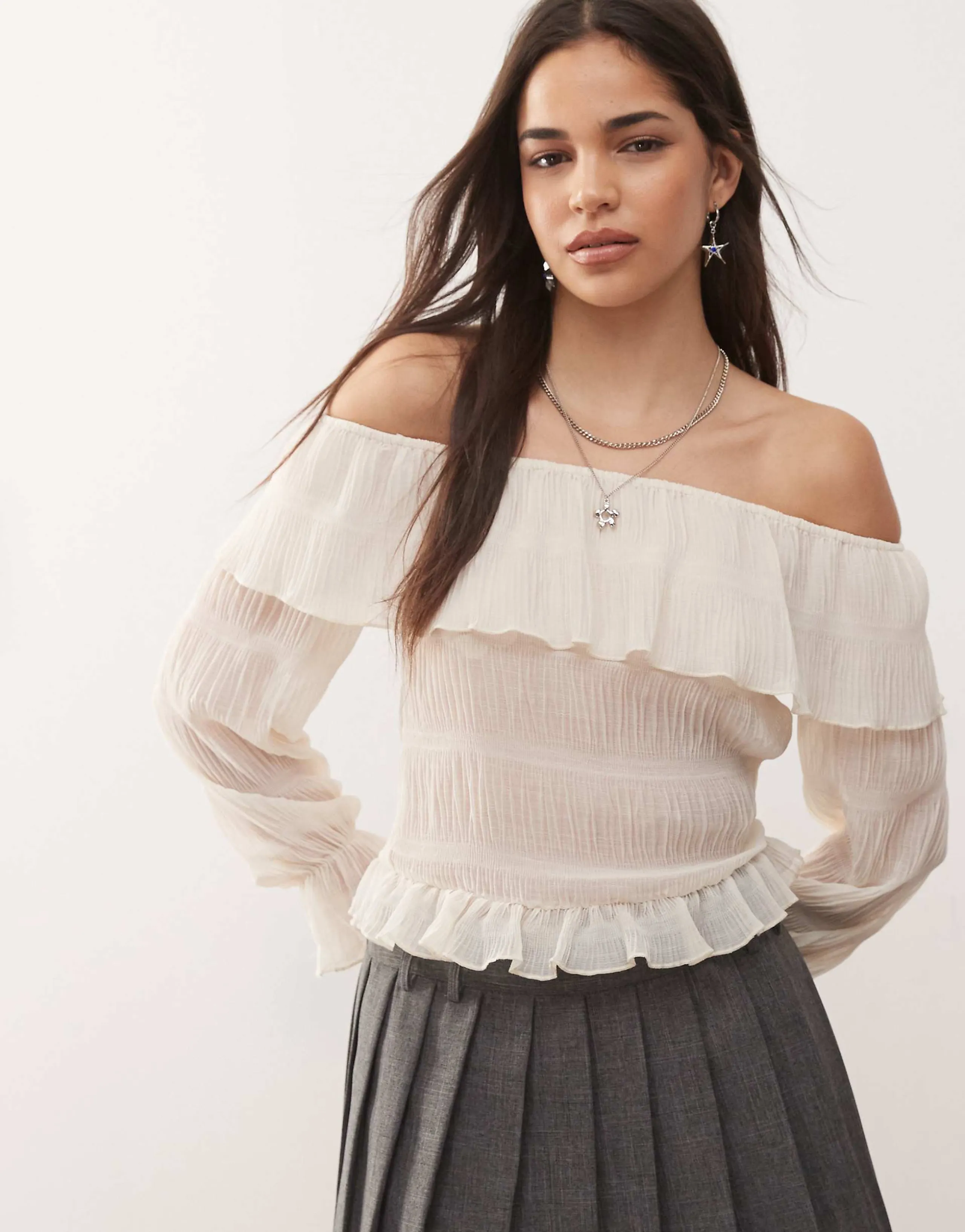 Motel kalena ruffle off-the-shoulder long sleeve blouse in ivory