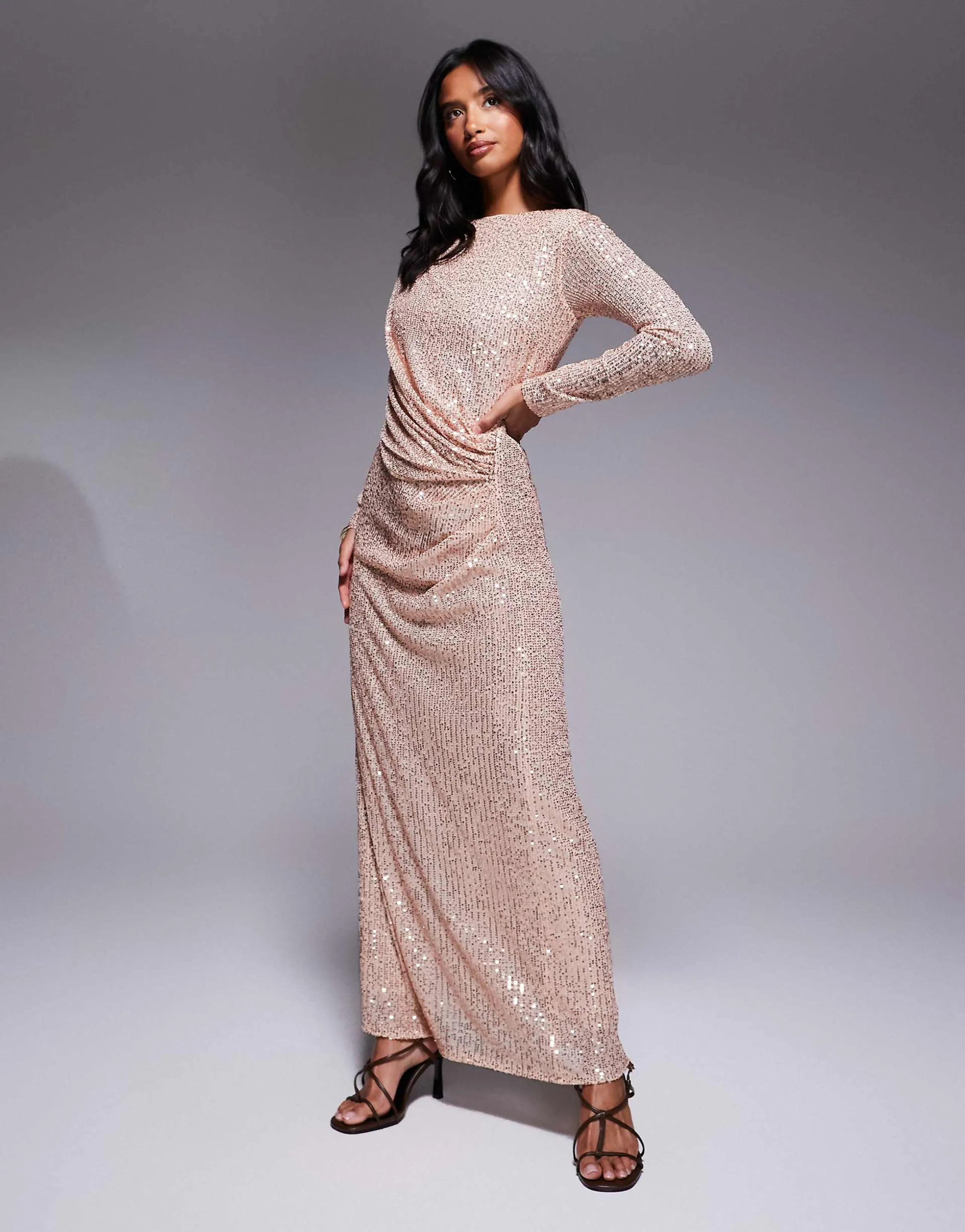 Jaded Rose Petite sequin modest maxi dress with ruched detail in gold