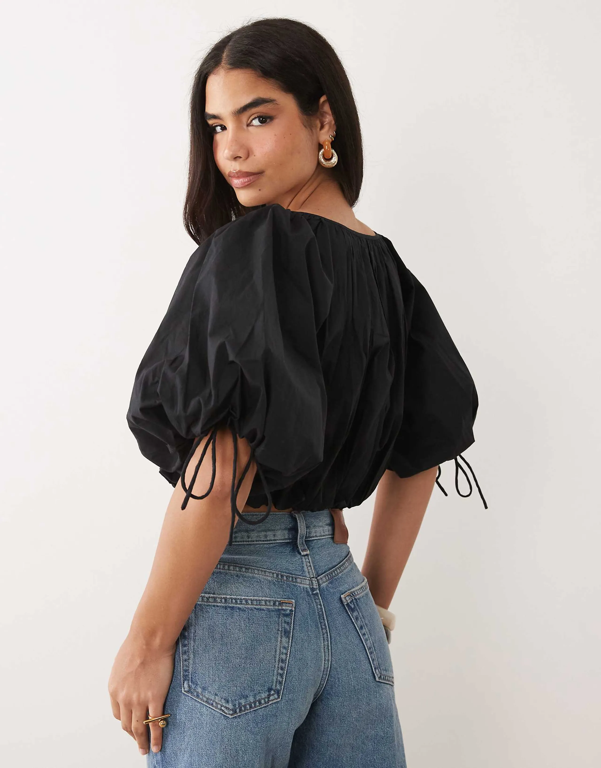 ASOS DESIGN puff sleeve cropped cotton top in black