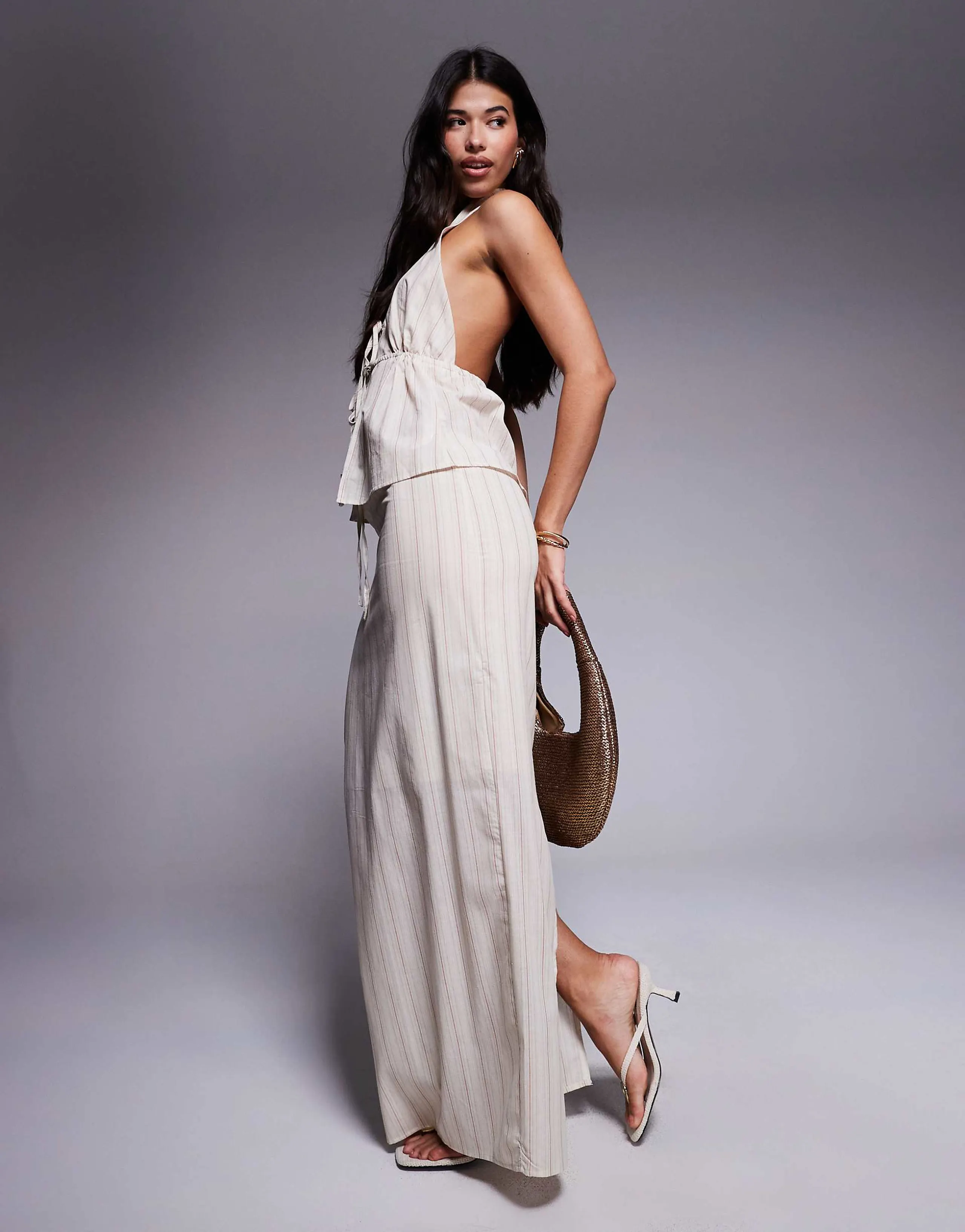 Kaiia exclusive cotton tie waist linen look maxi skirt in cream stripes - part of a set