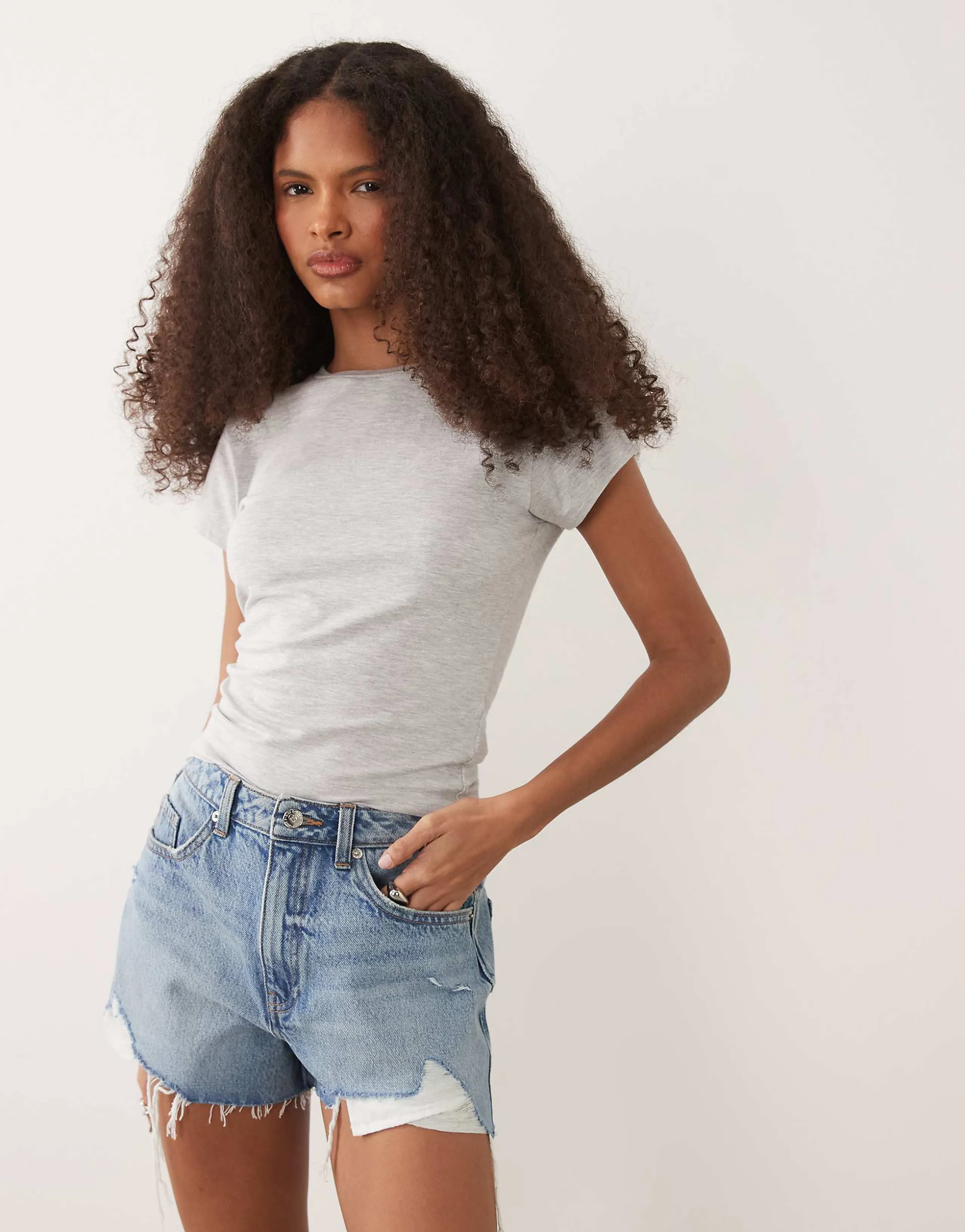 Miss Selfridge extreme rip shorts in blue wash