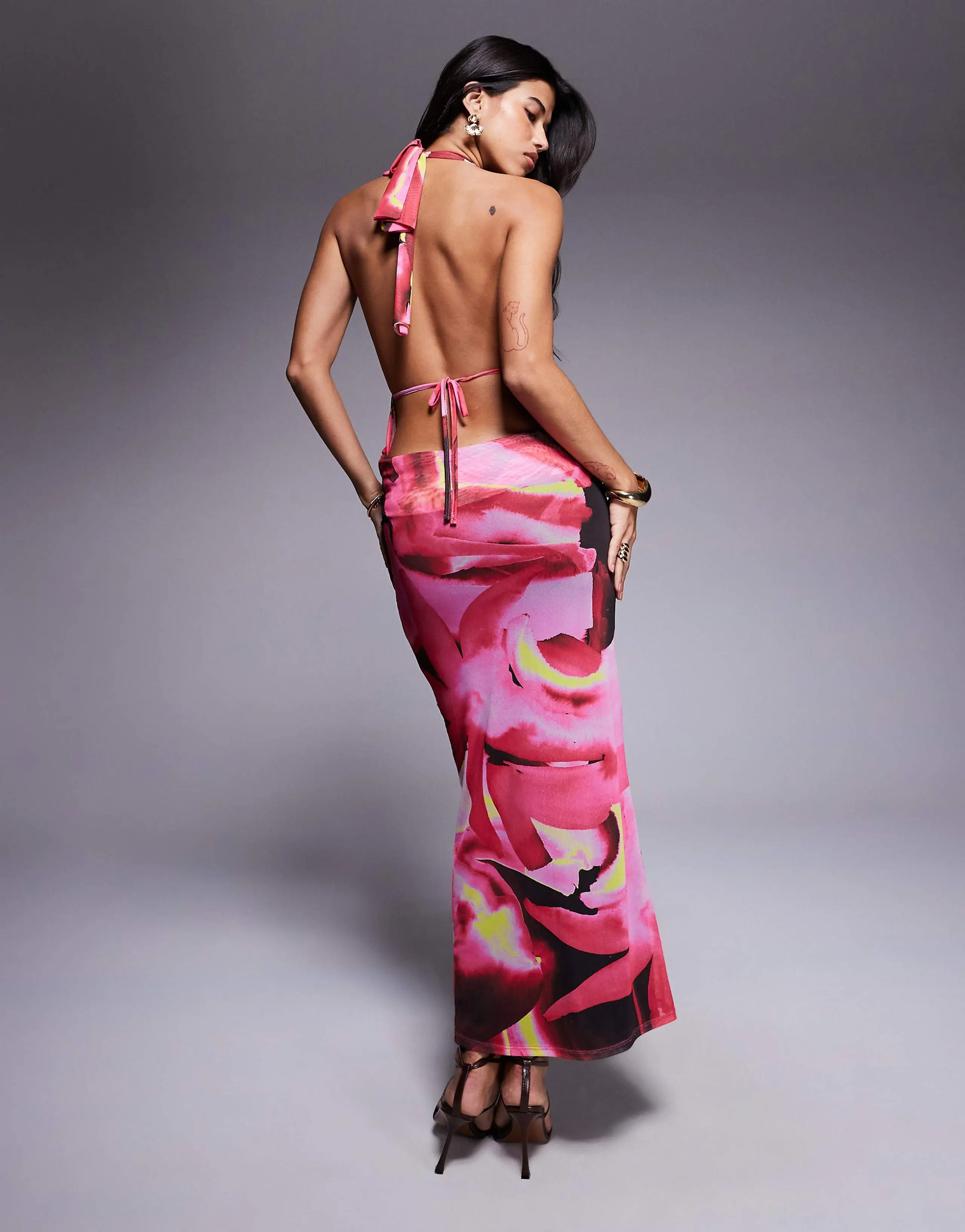 ASOS DESIGN high neck cowl neck midi dress in pink swirl print