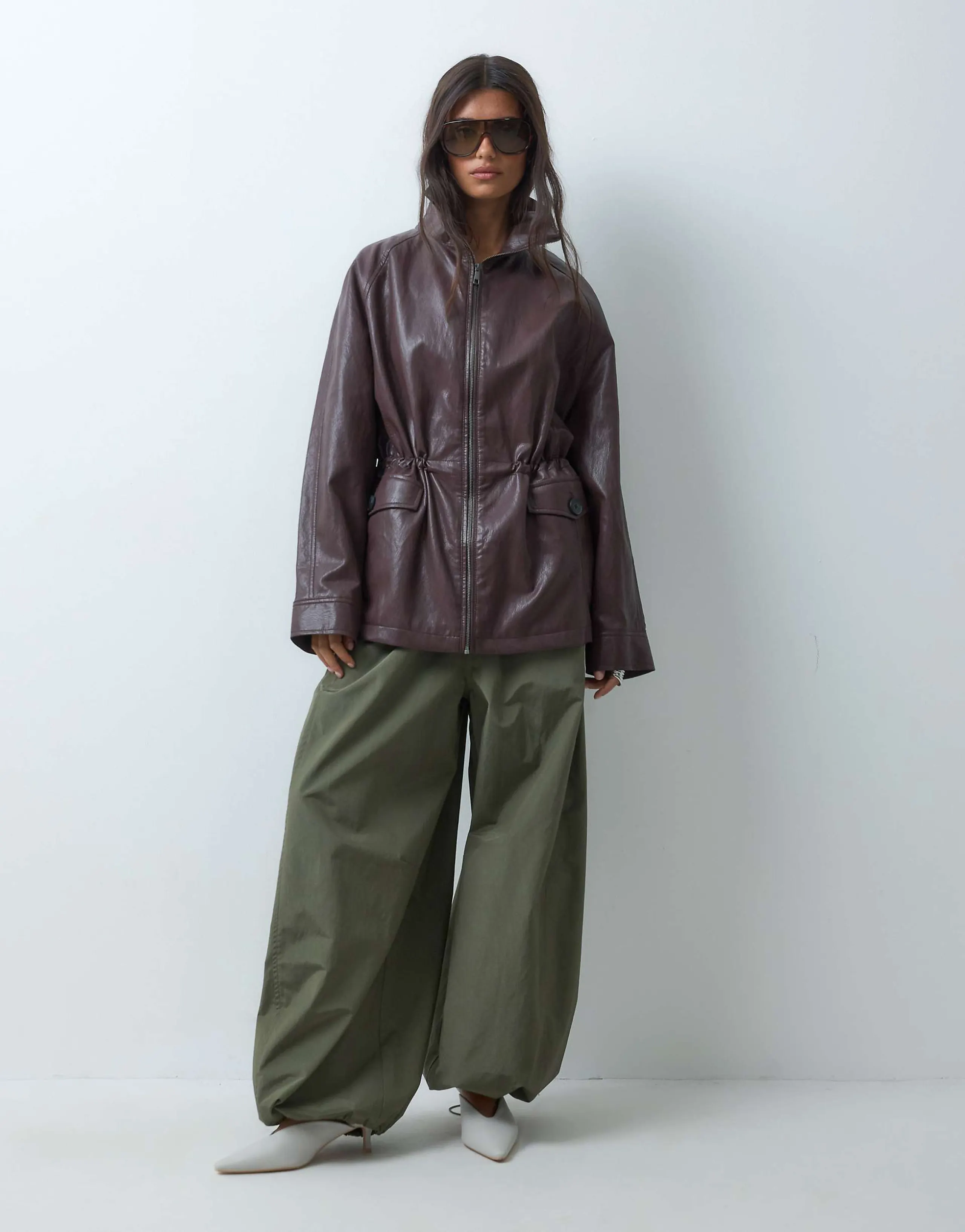 ASOS DESIGN cinched waist leather look harrington jacket in mocha