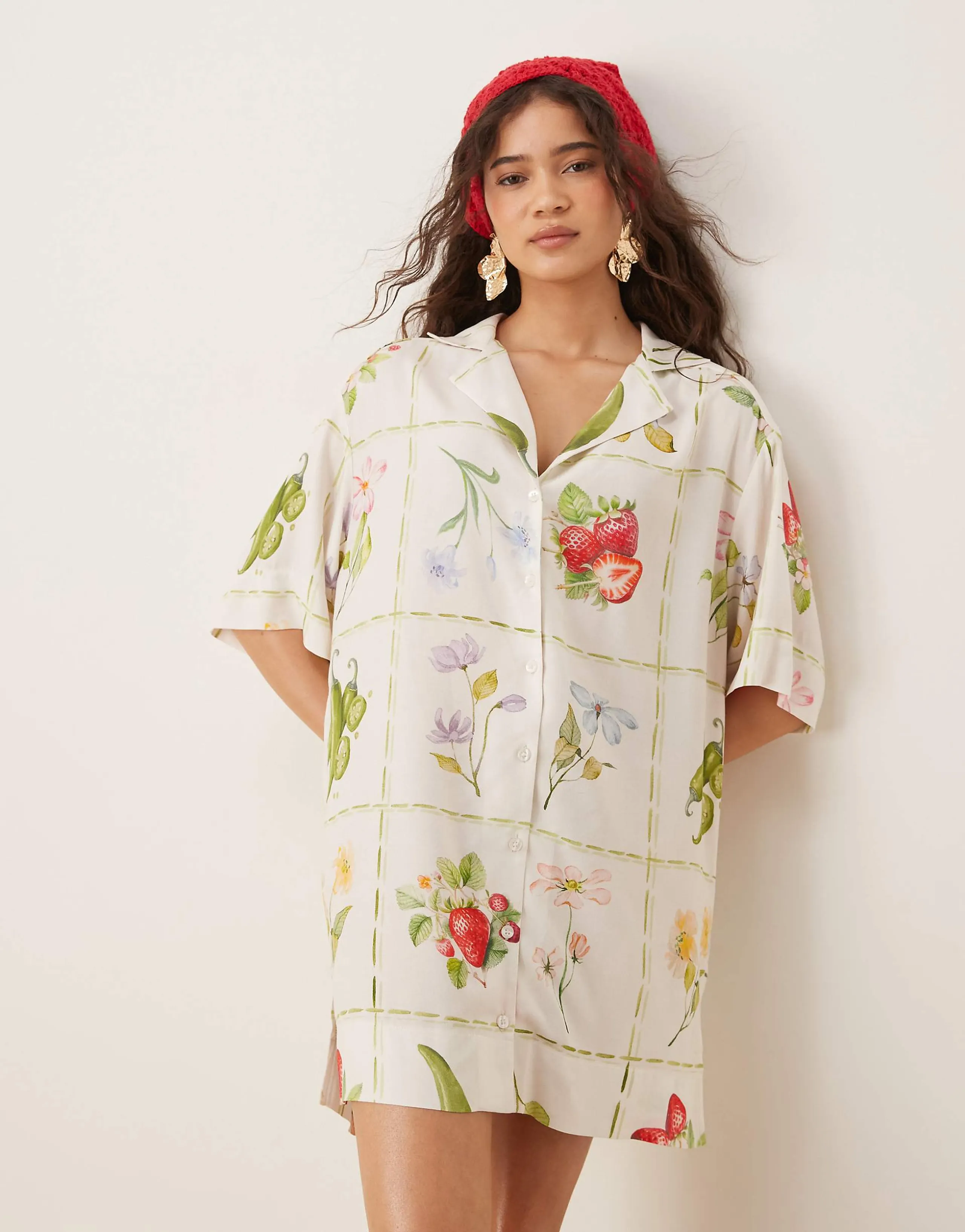 ASOS DESIGN bowling shirt dress in postcard print