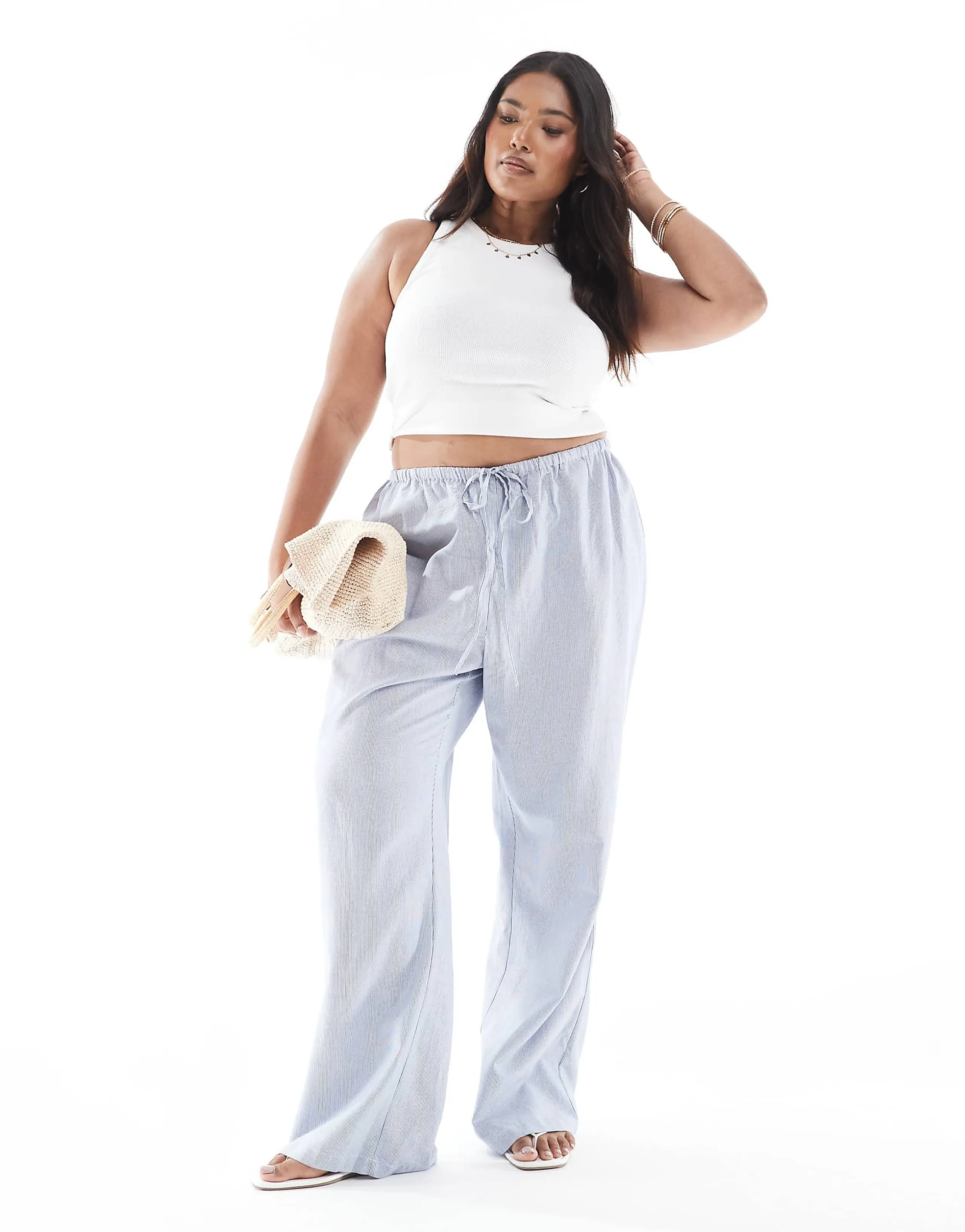 ONLY Curve side tie wide leg pants in light blue stripes