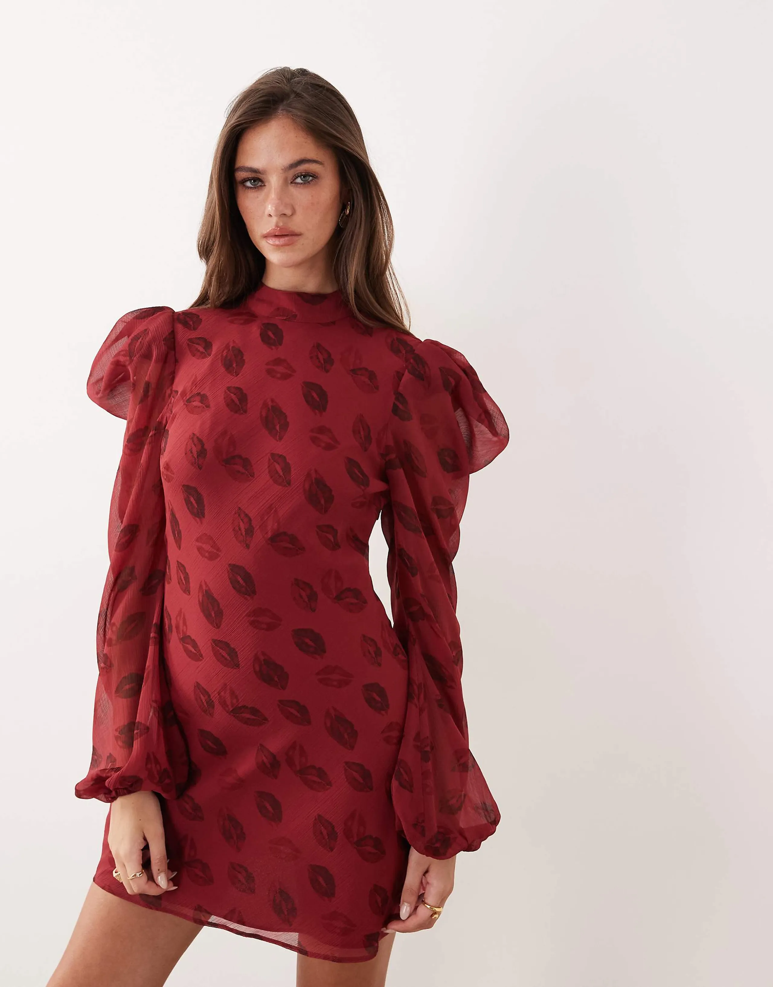 ASOS DESIGN high neck mini dress in dark red lip print