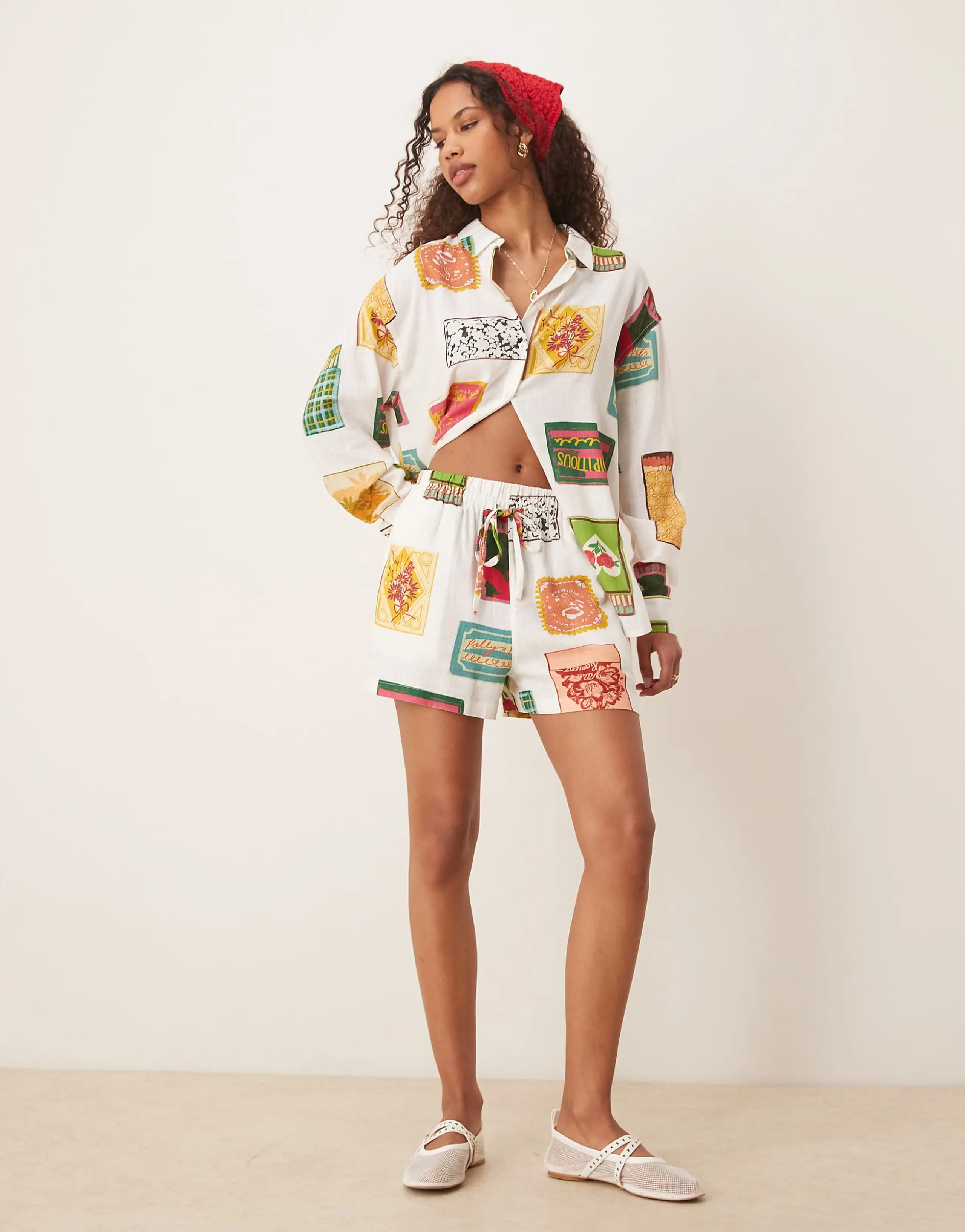 ASOS DESIGN pull on linen blend shorts in matchbox print - part of a set