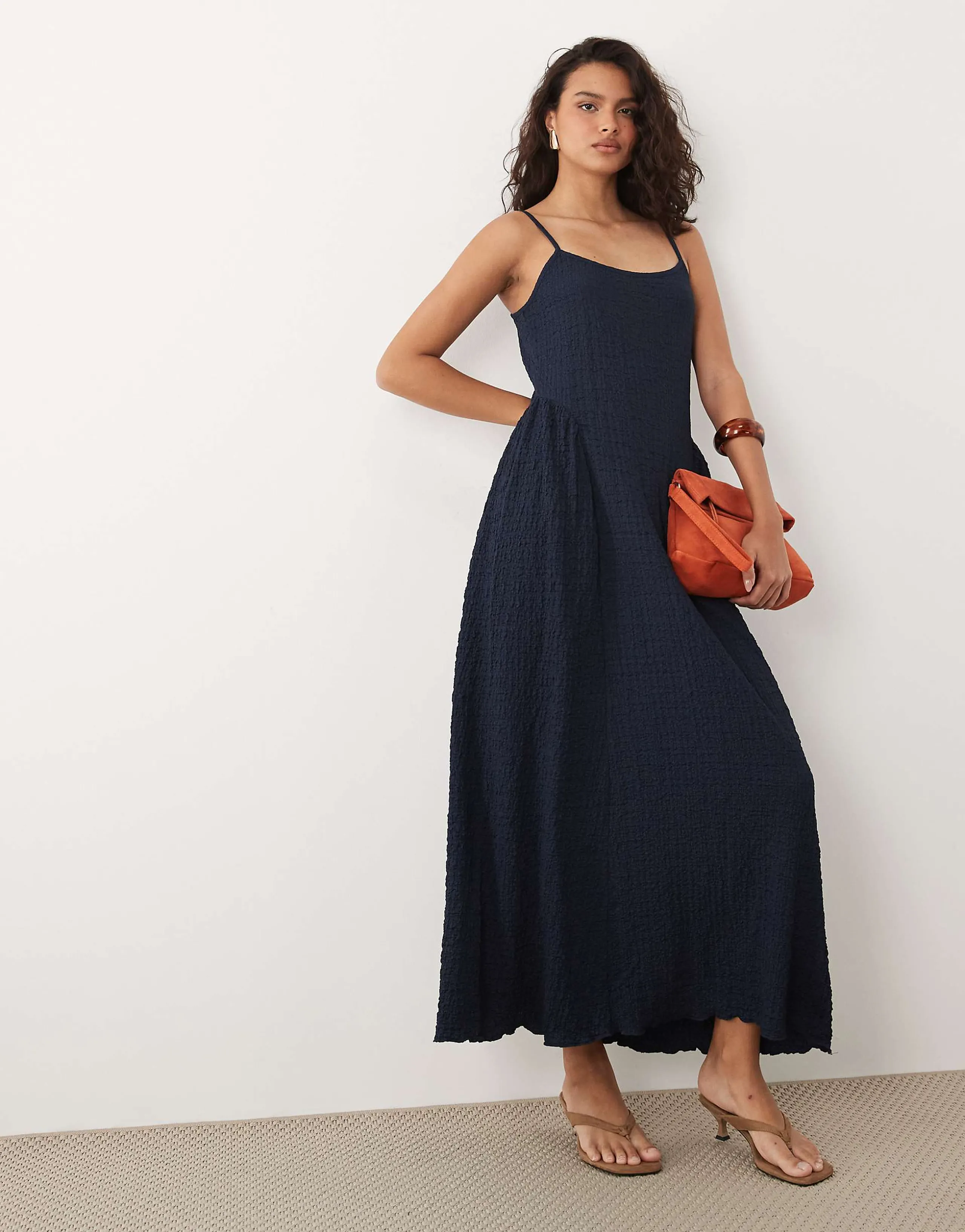 VILA jacquard jersey cami midi dress with waist details in navy