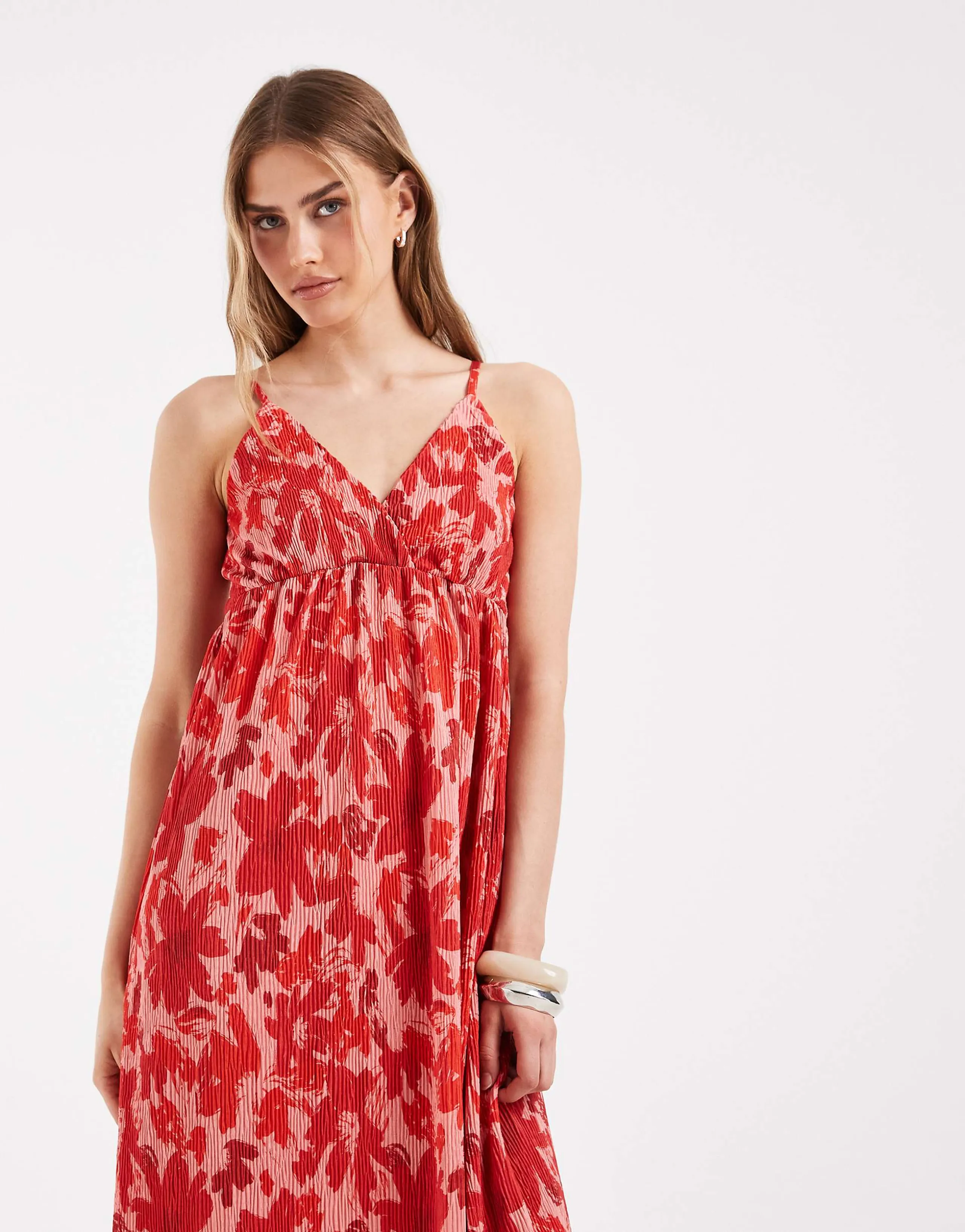 PIECES wrap detail cami plisse maxi dress in pink and red floral print