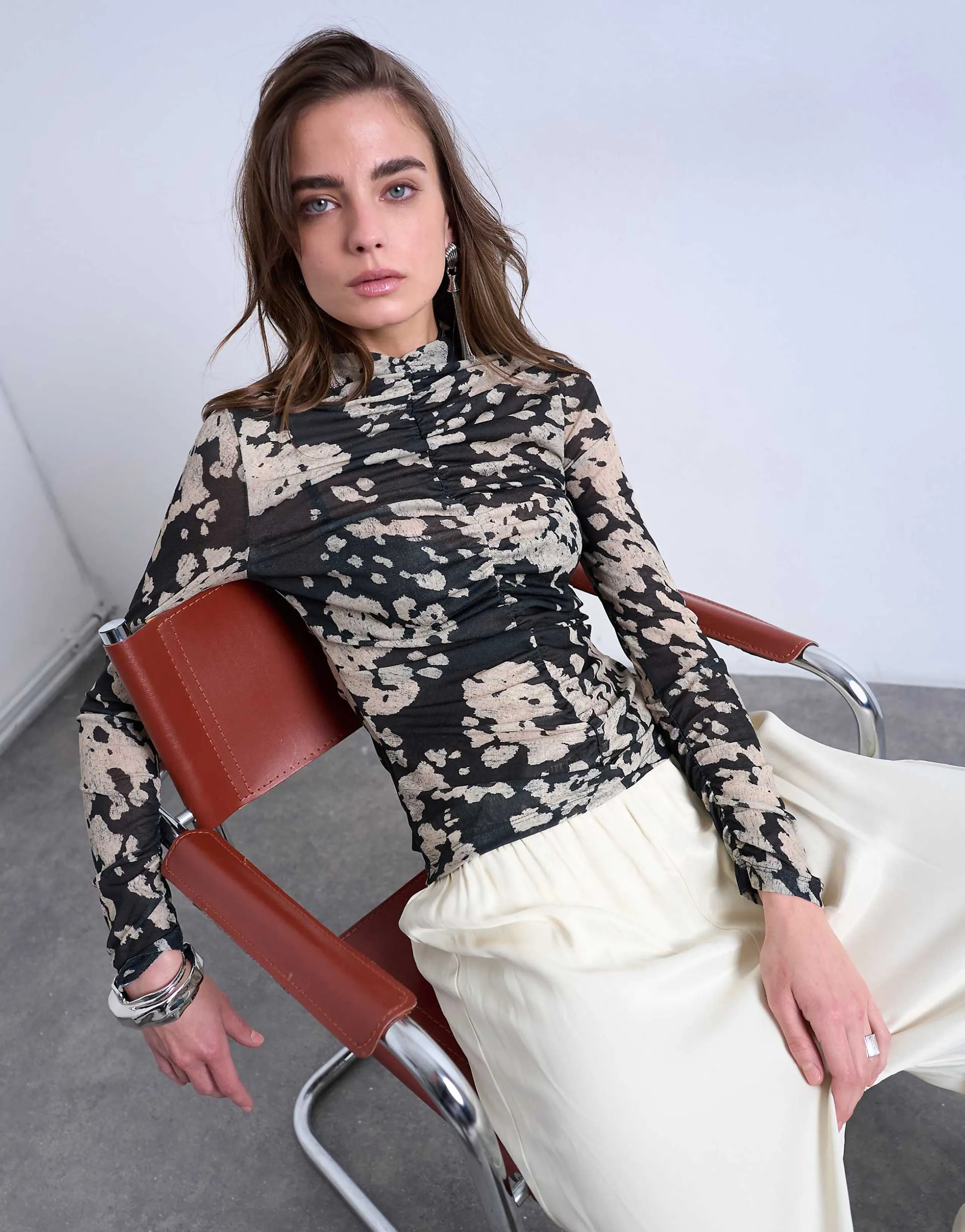 Topshop animal mono spot print ruched long sleeve top in black