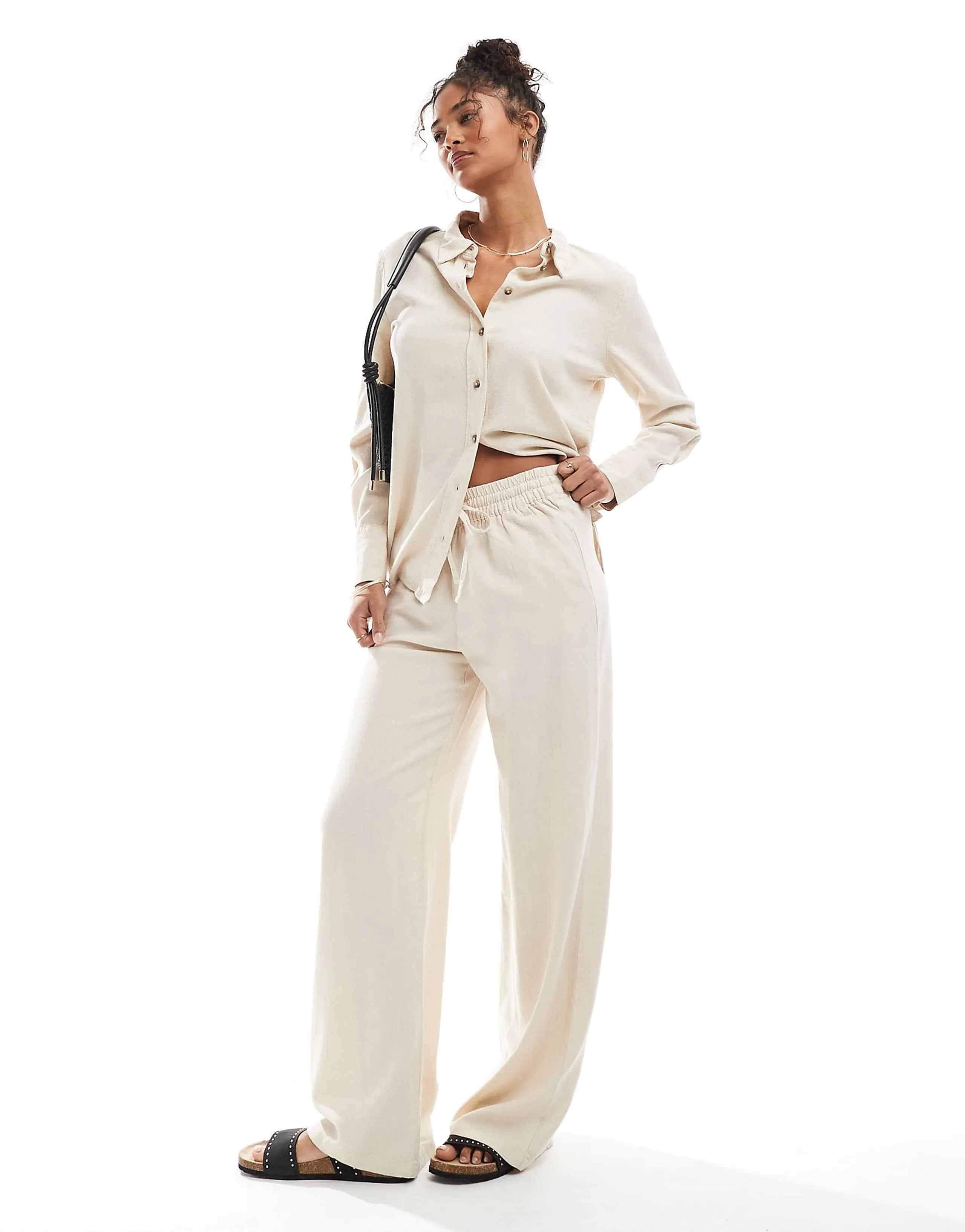 JDY wide leg linen mix pants in stone - part of a set
