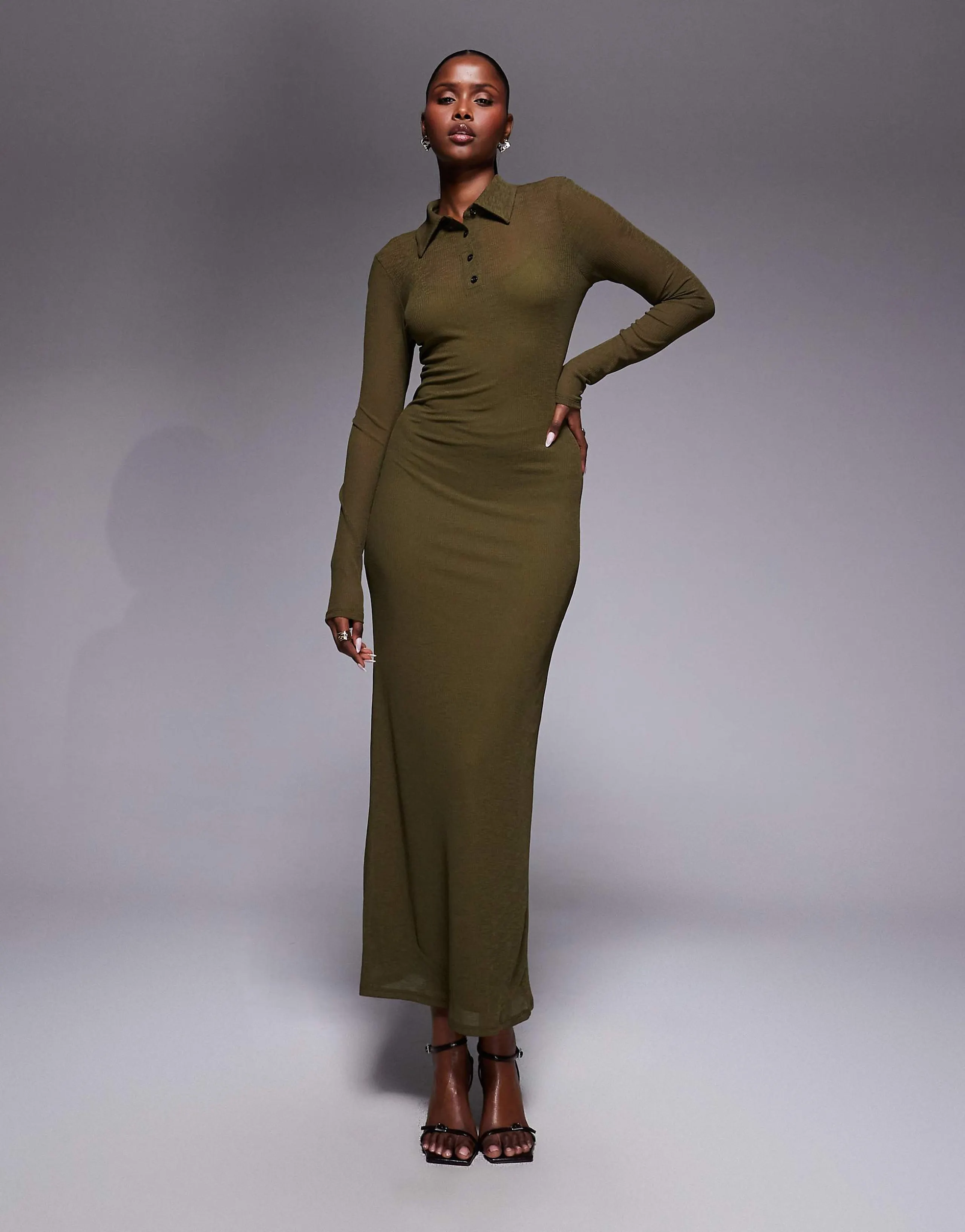 ASOS DESIGN long sleeve double layer maxi dress in dark olive
