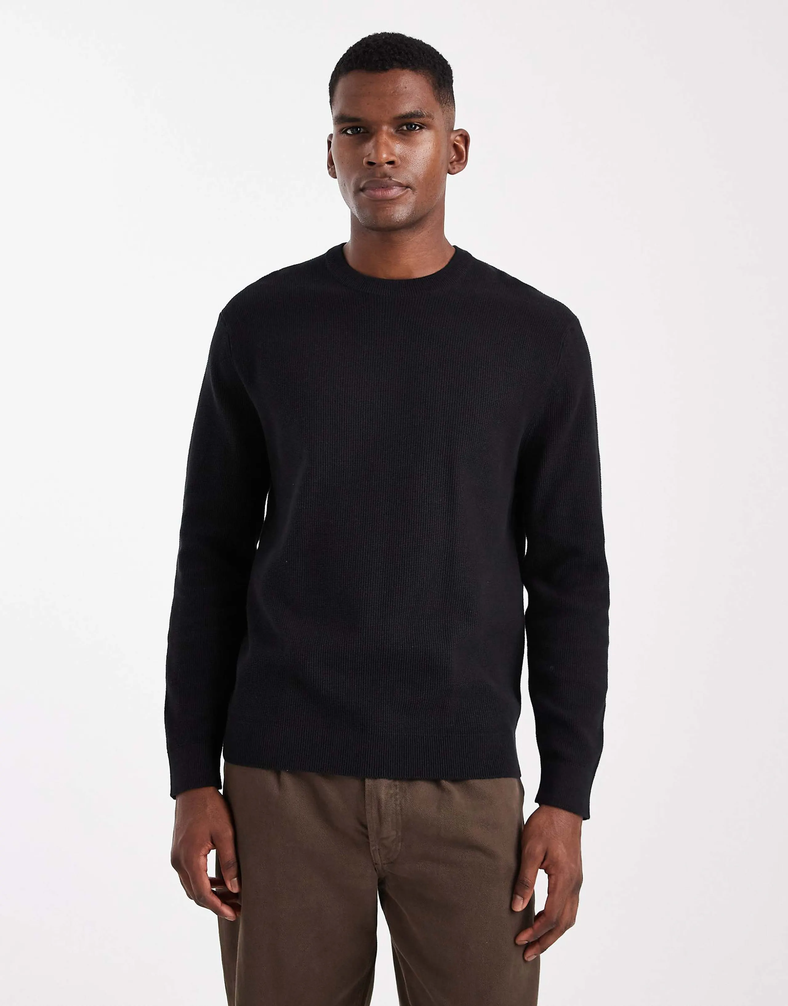 ONLY & SONS regular fit waffle knit sweater in black