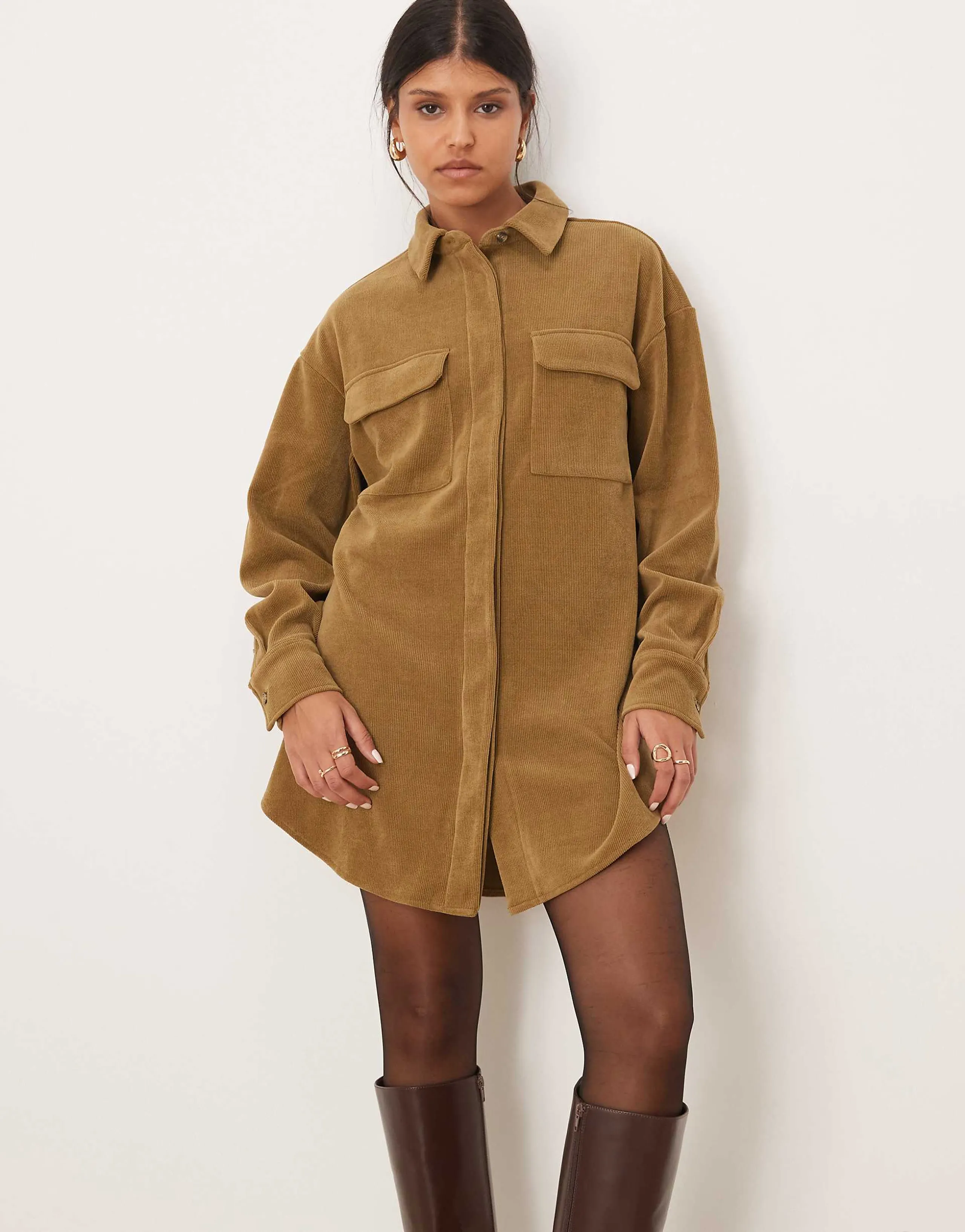 ASOS DESIGN cord utility shirt mini dress in khaki