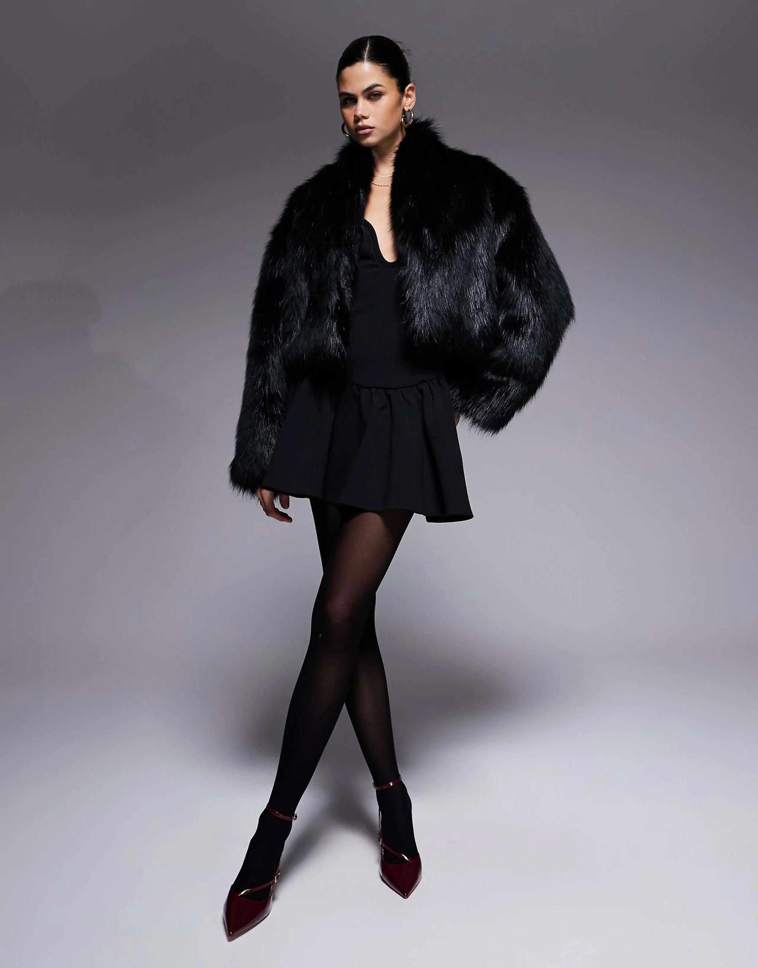 Aria Cove oversized cropped wide sleeve faux fur jacket in black