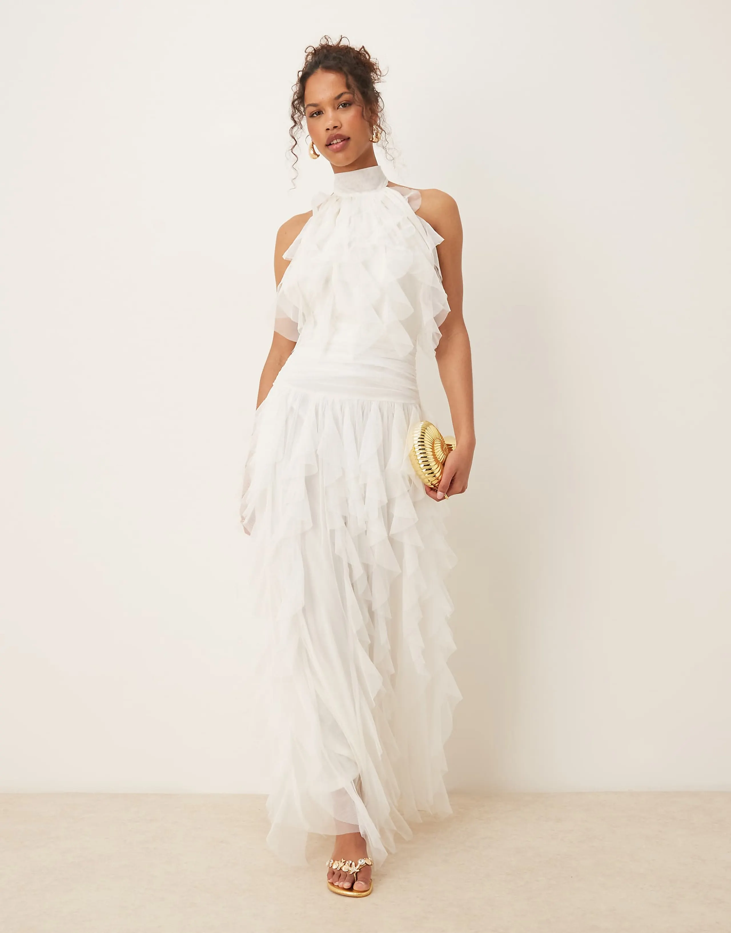 Lace & Beads backless ruffle tulle maxi dress in ivory