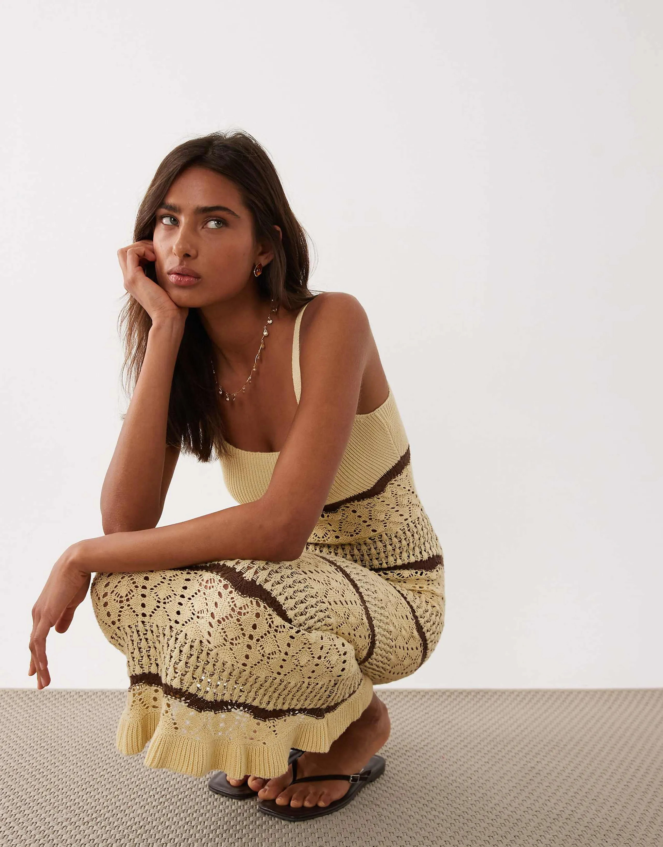 Miss Selfridge striped crochet midi dress in butter