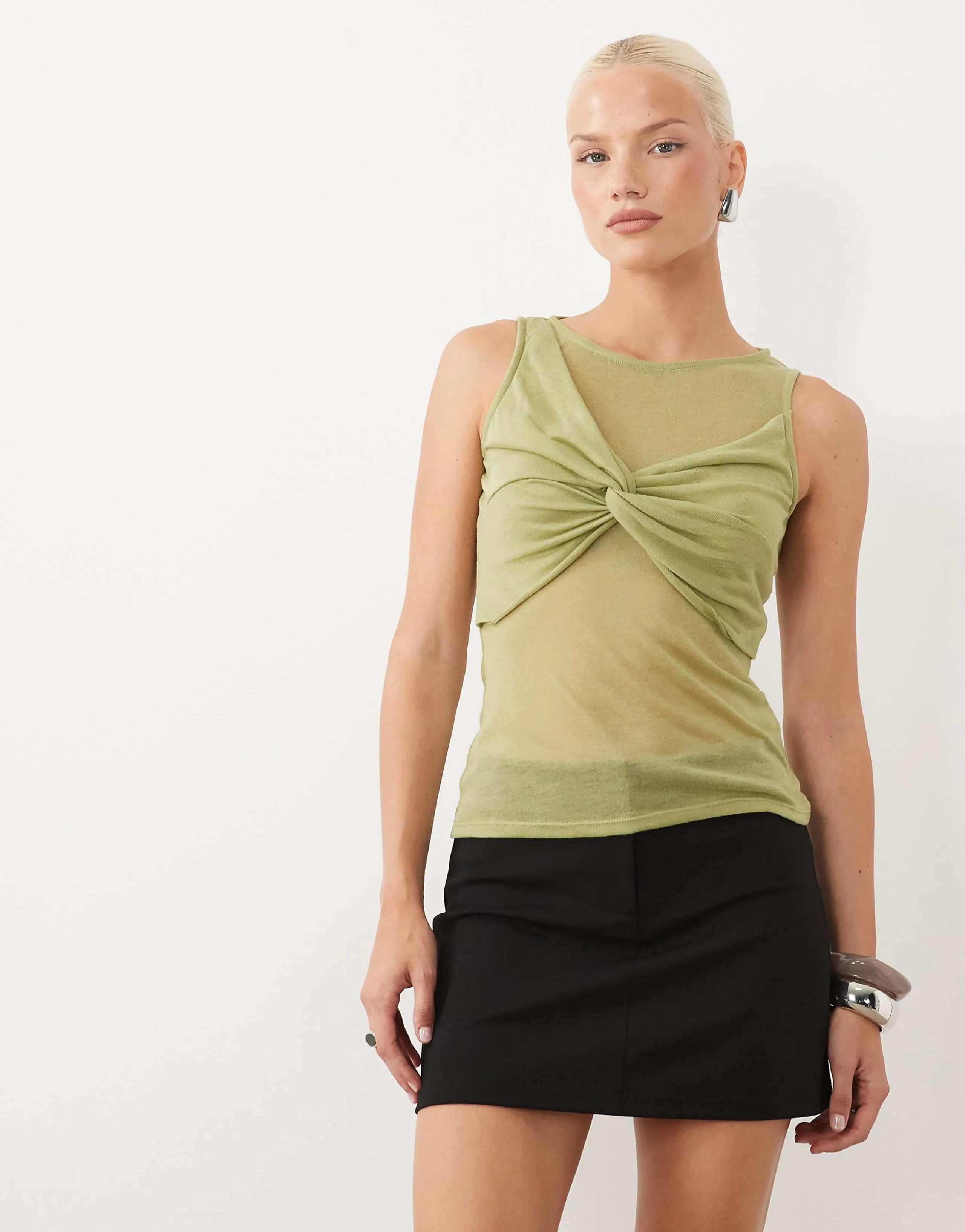 ASOS DESIGN semi sheer knit look tank with ruched bust overlay in green