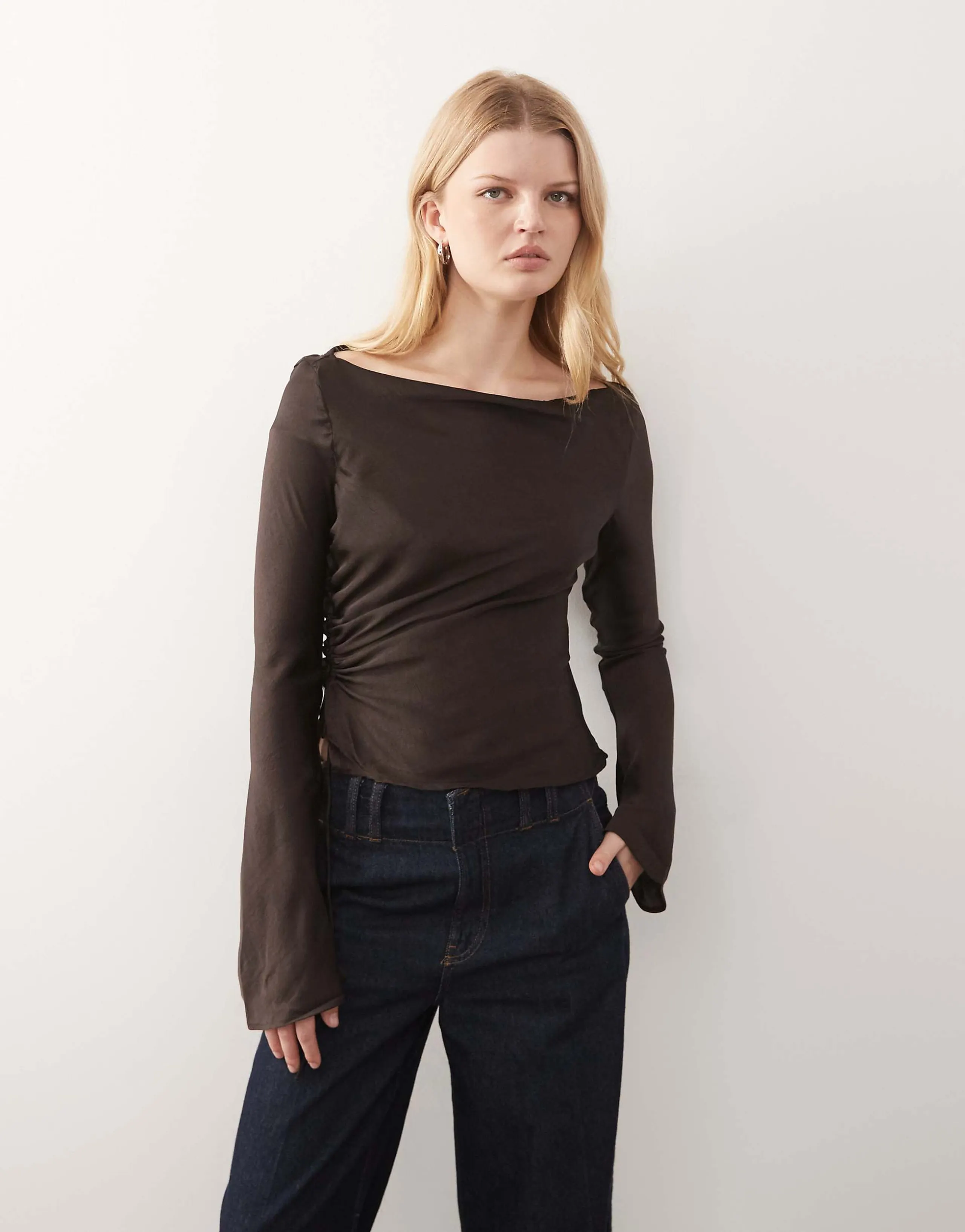 Monki crinkle satin long sleeve boat neck top in dark chocolate brown