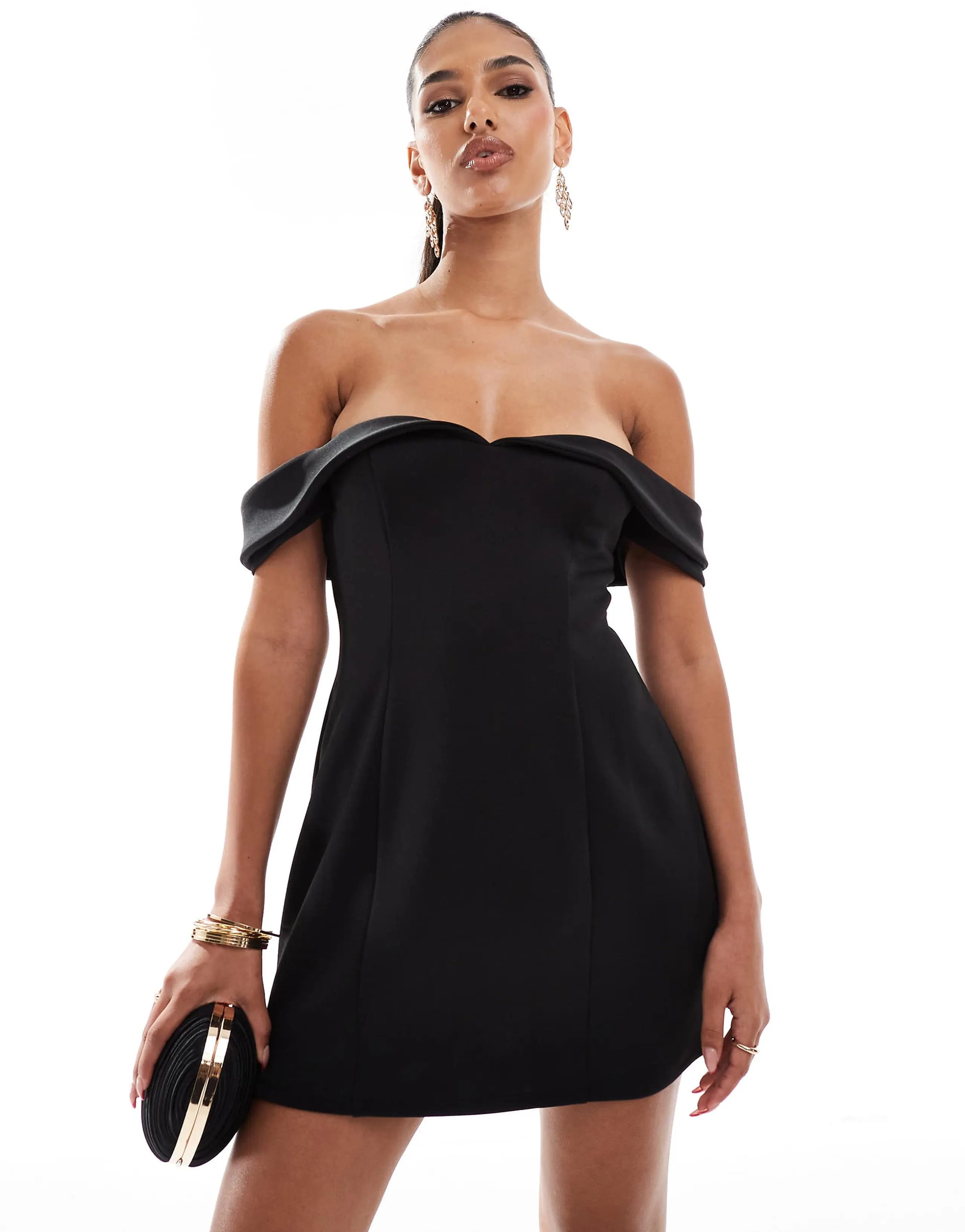 ASOS DESIGN sweetheart bardot mini dress in black in scuba-style fabric