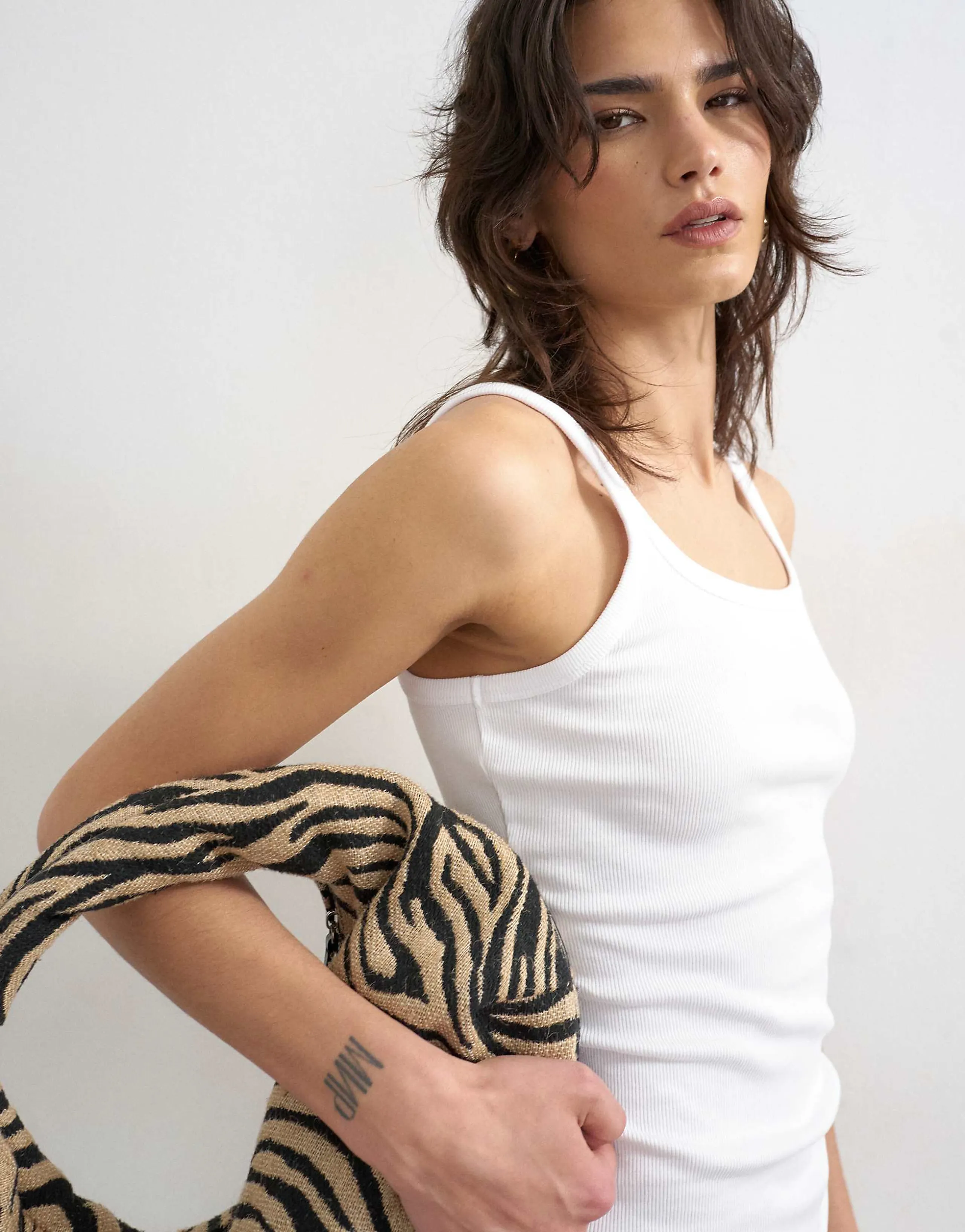 Topshop skinny strap scoop ribbed tank top in white